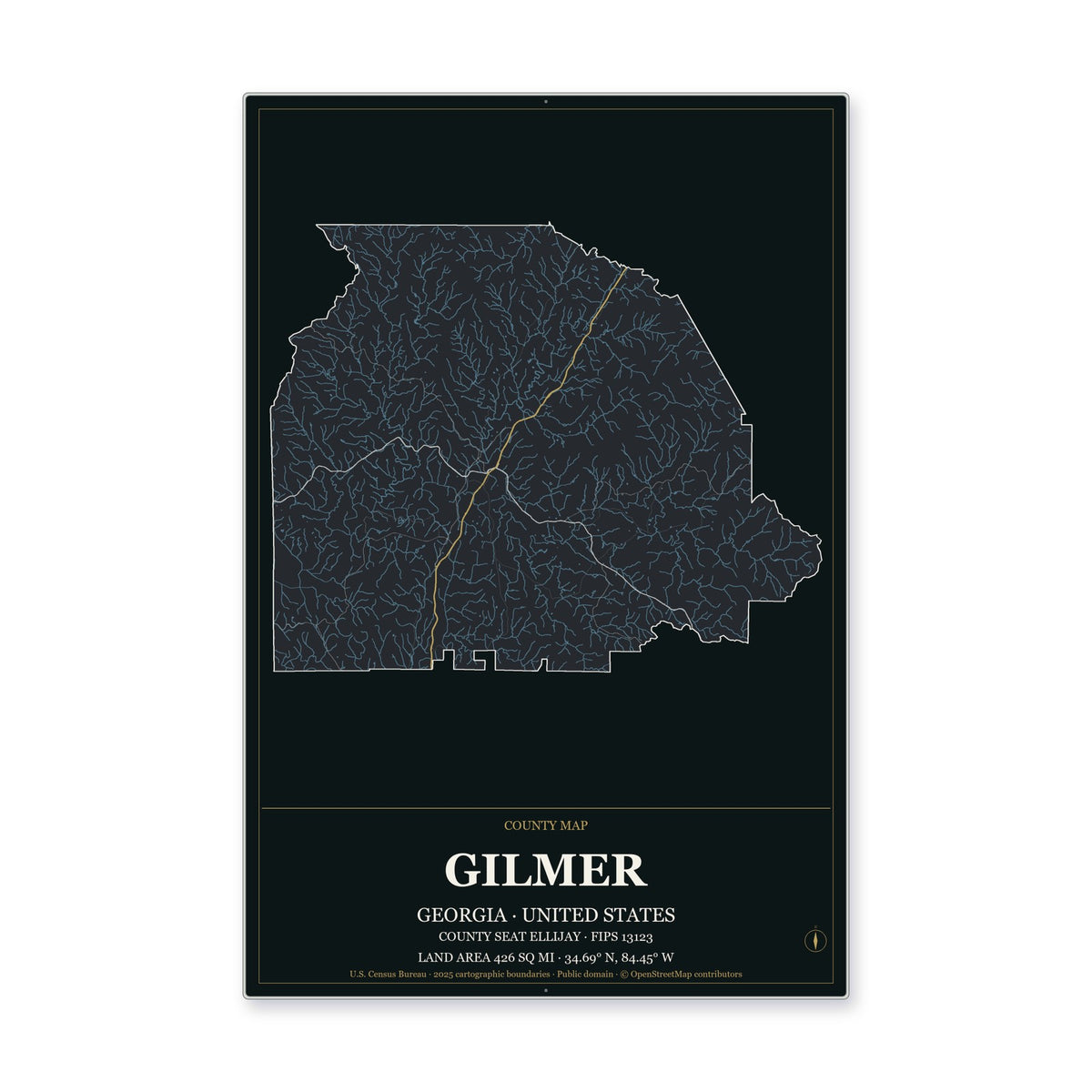 Gilmer County, Georgia Map Aluminum Sign in Metropolitan Noir style