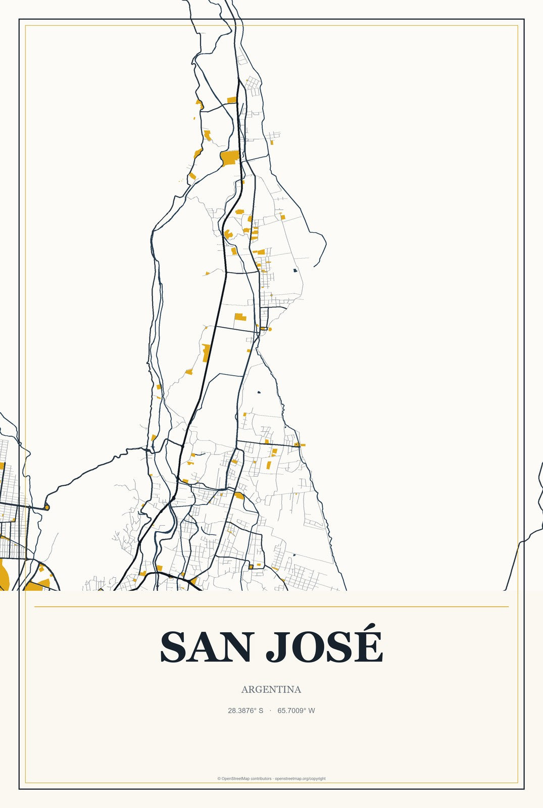 San José, Argentina City Map Aluminum Sign in Citrine Modern style