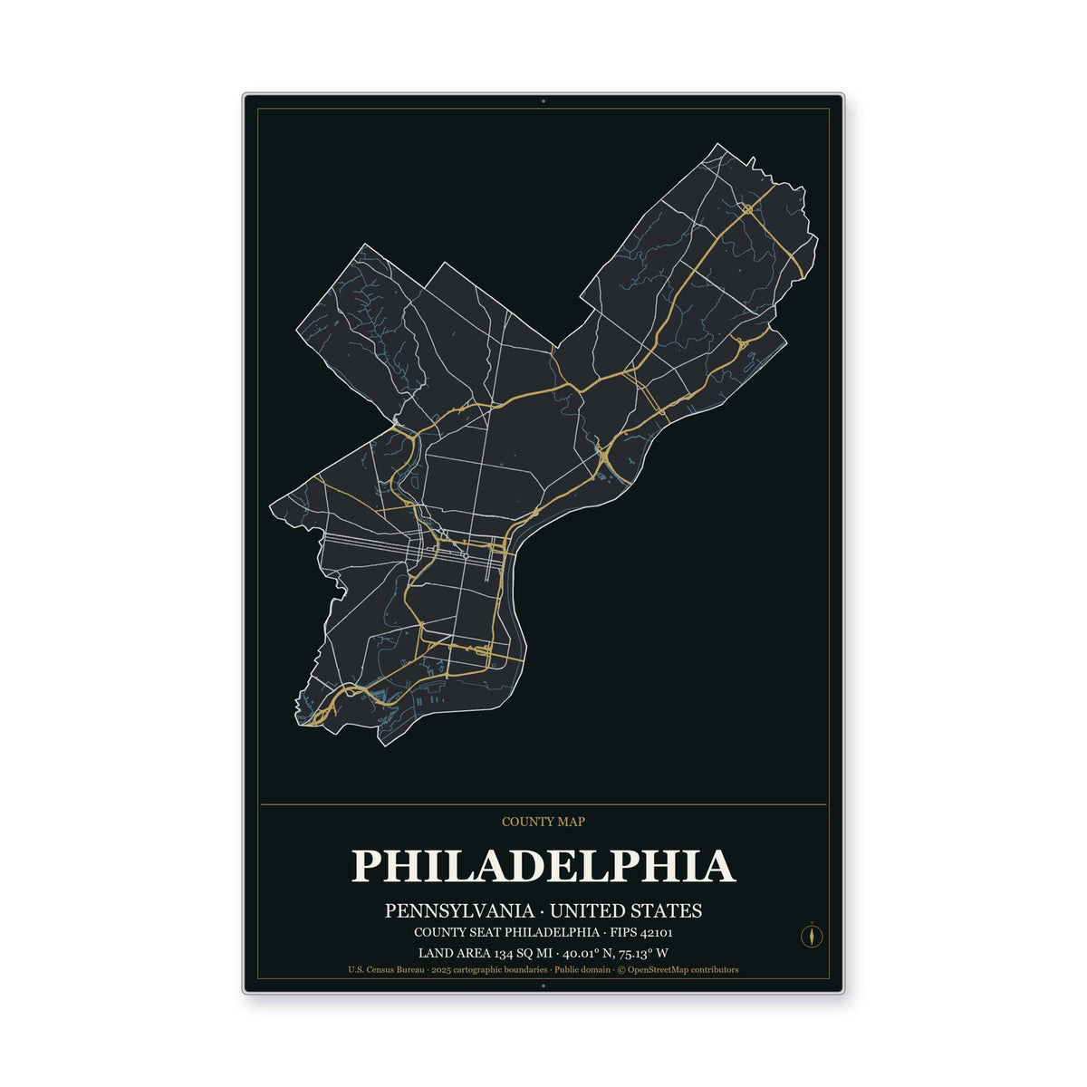 Philadelphia County, Pennsylvania Map Aluminum Sign in Metropolitan Noir style