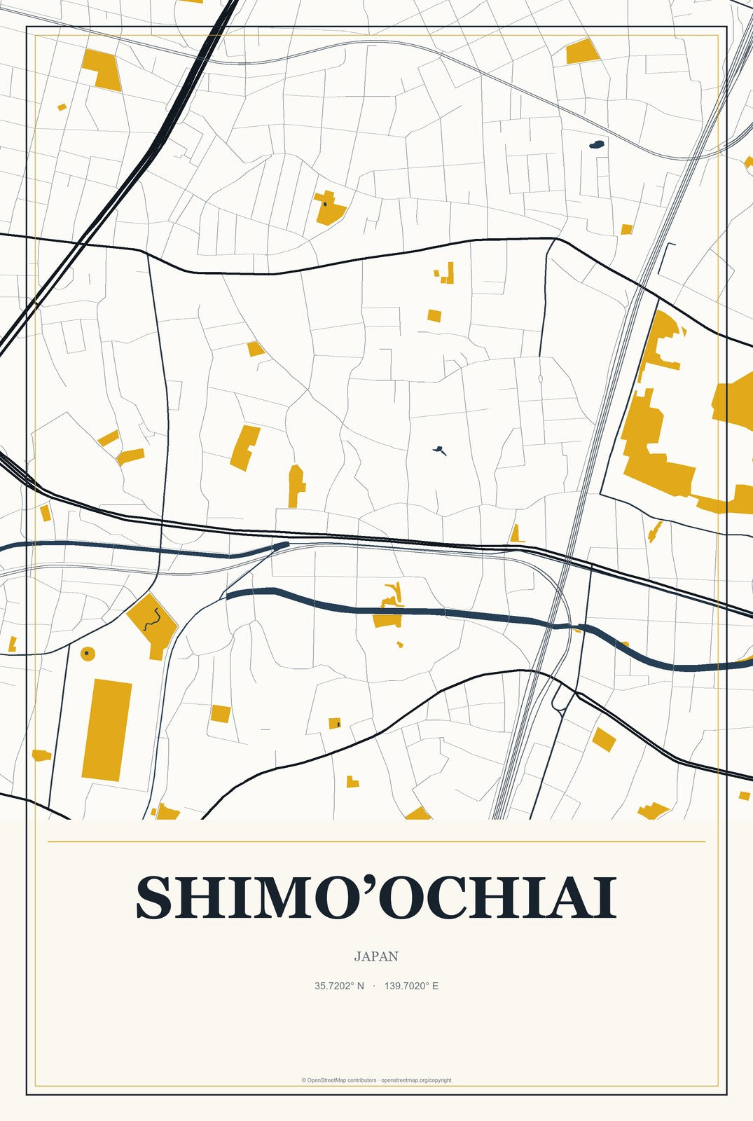 Shimo’ochiai, Japan City Map Aluminum Sign in Citrine Modern style