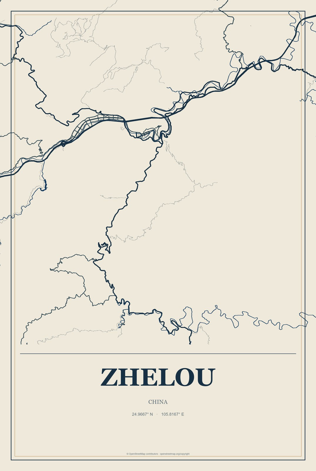 Zhelou, China City Map Aluminum Sign in Coastal Cutout style