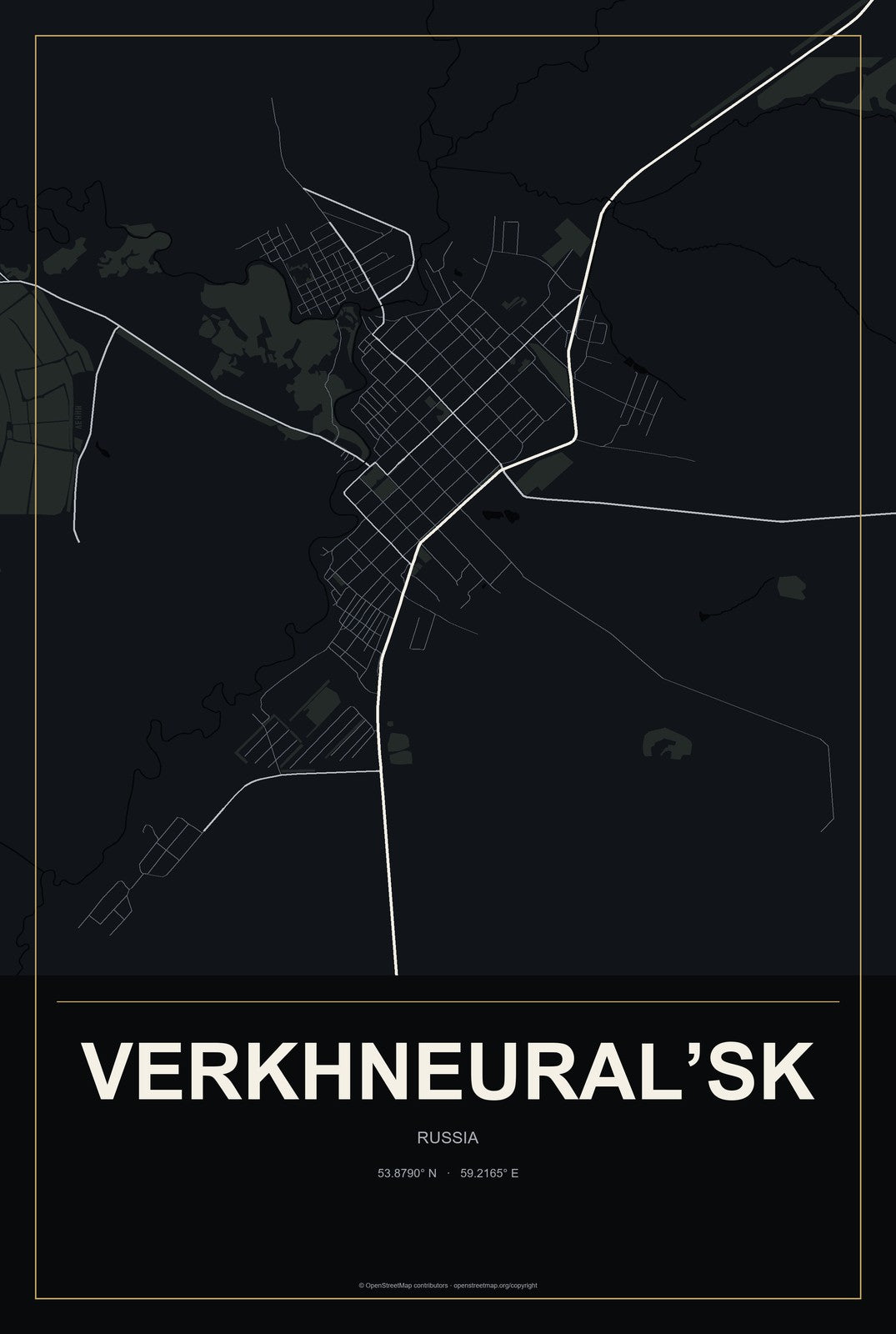 Verkhneural’sk, Russia City Map Aluminum Sign in Metropolitan Noir style