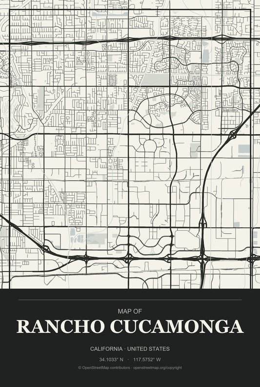 Rancho Cucamonga, California City Map Aluminum Sign in Museum Plaque style