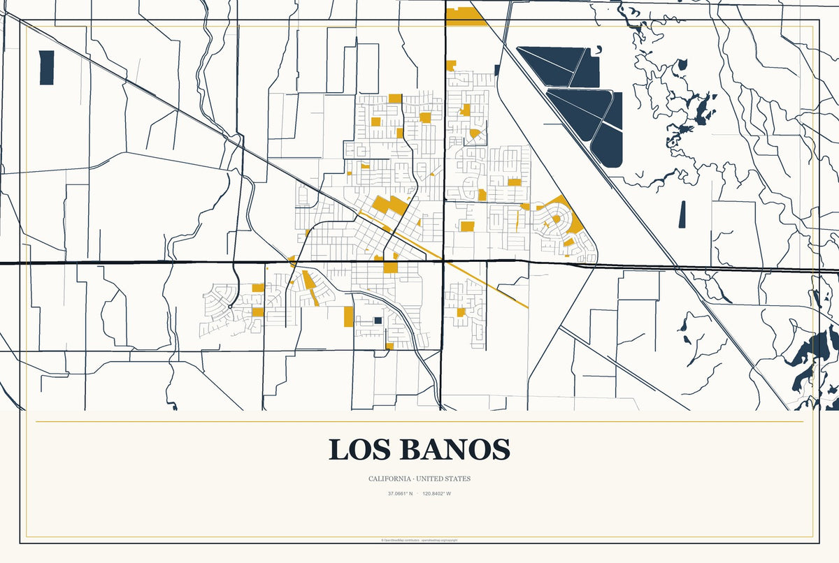 Los Banos, California City Map Aluminum Sign in Citrine Modern style