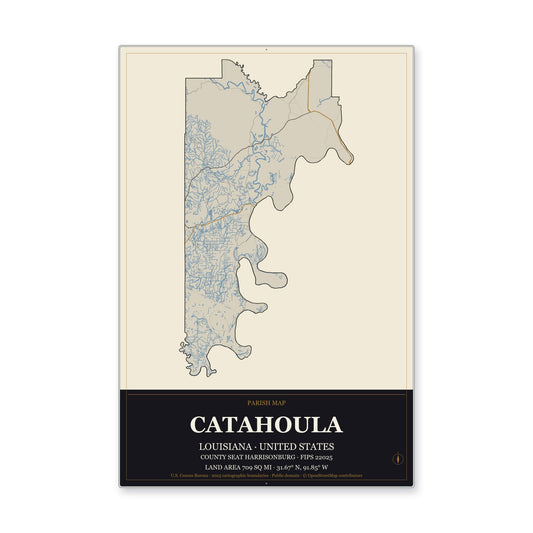 Catahoula Parish, Louisiana Map Aluminum Sign in Museum Plaque style
