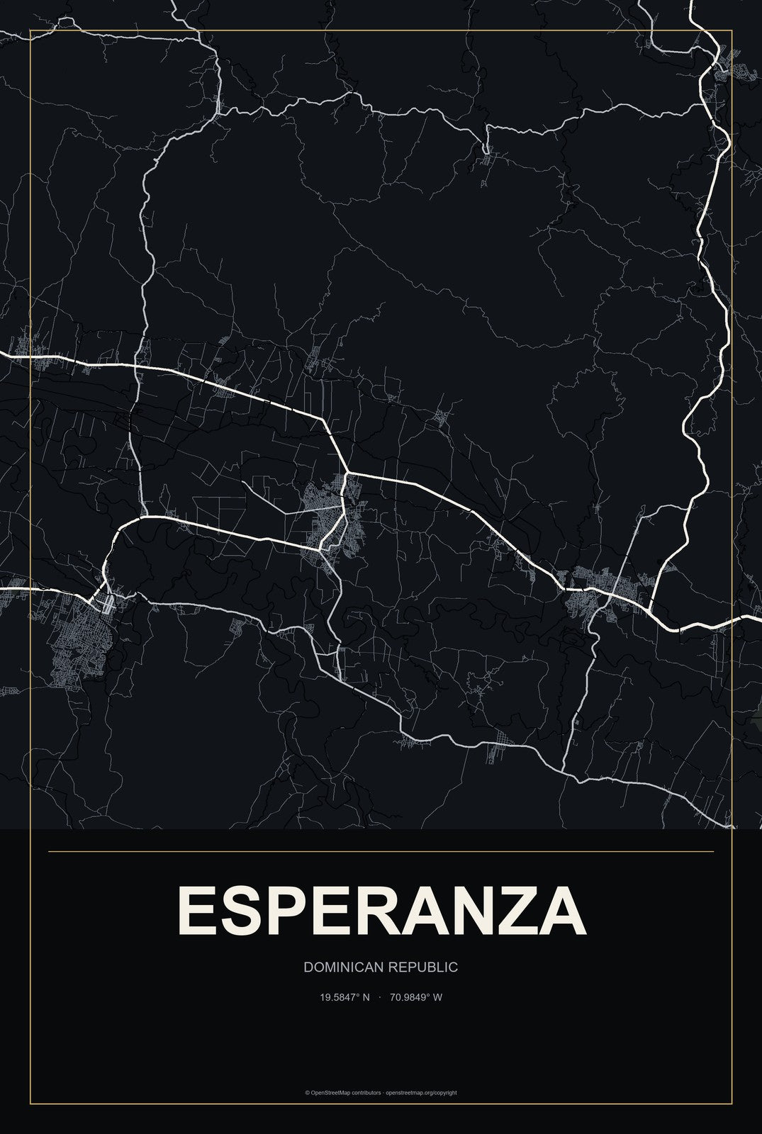 Esperanza, Dominican Republic City Map Aluminum Sign in Metropolitan Noir style