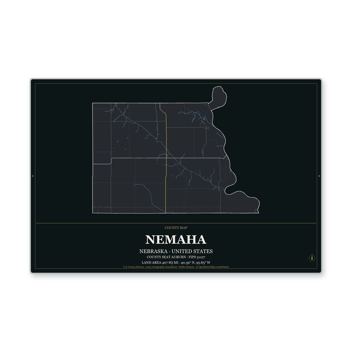 Nemaha County, Nebraska Map Aluminum Sign in Metropolitan Noir style
