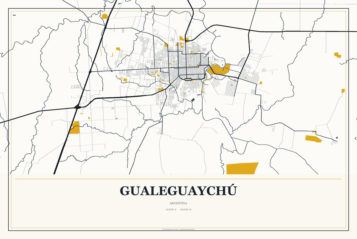 Gualeguaychú, Argentina City Map Aluminum Sign in Citrine Modern style
