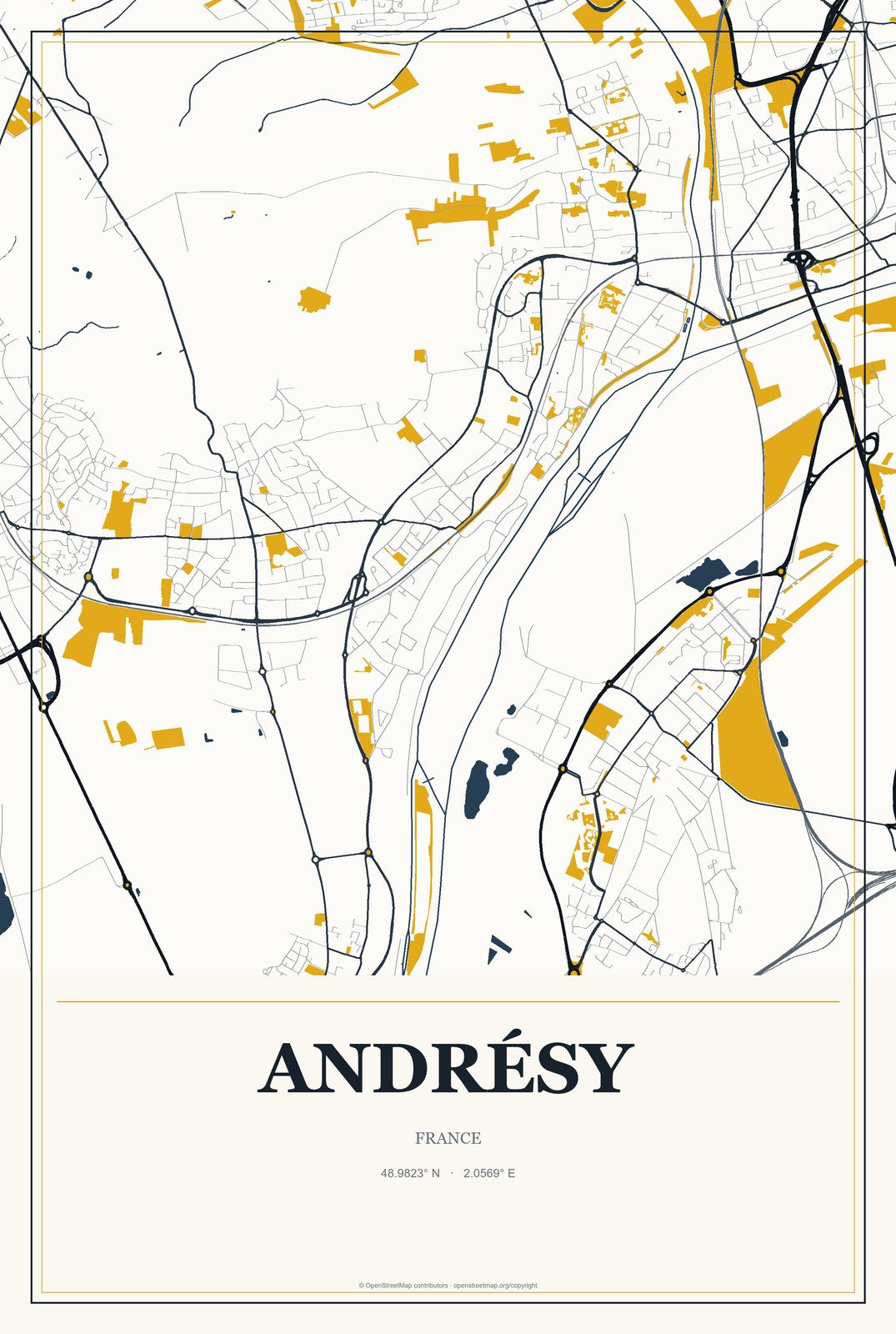 Andrésy, France City Map Aluminum Sign in Citrine Modern style