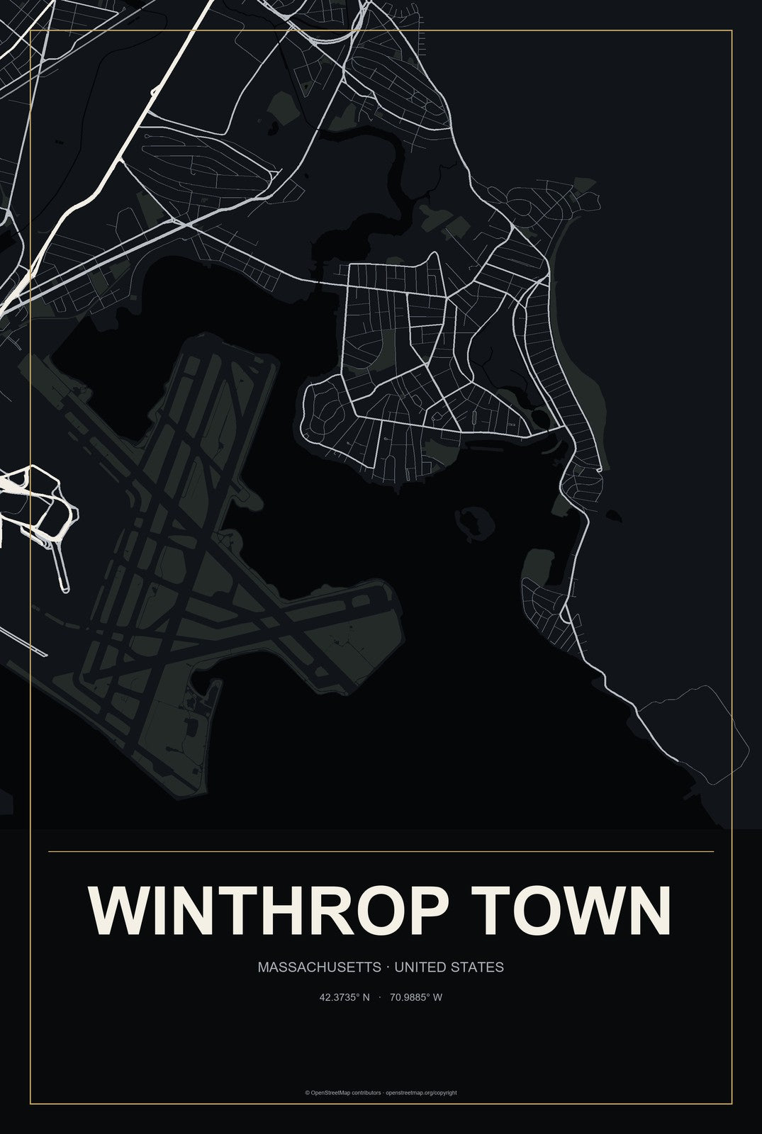 Winthrop Town, Massachusetts City Map Aluminum Sign in Metropolitan Noir style
