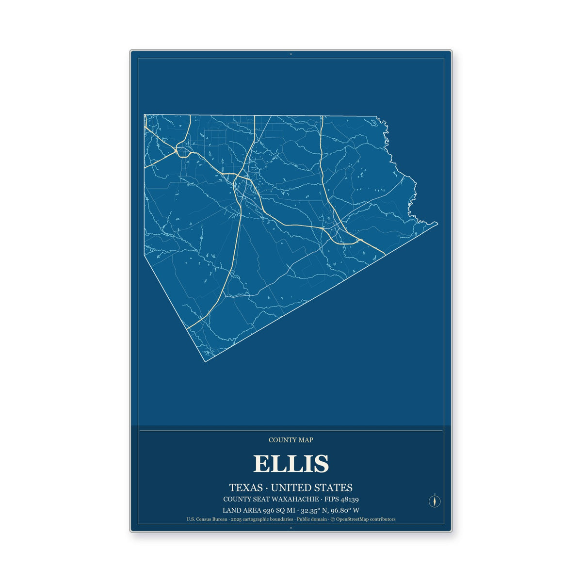 Ellis County, Texas Map Aluminum Sign in Harbor Cobalt style