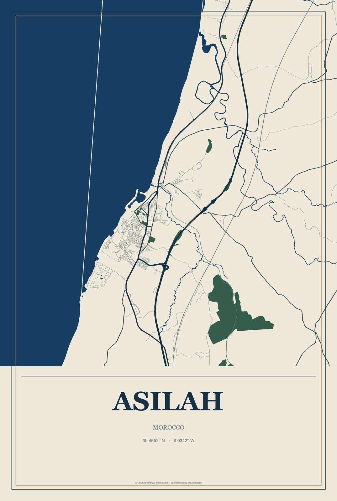 Asilah, Morocco City Map Aluminum Sign in Coastal Cutout style