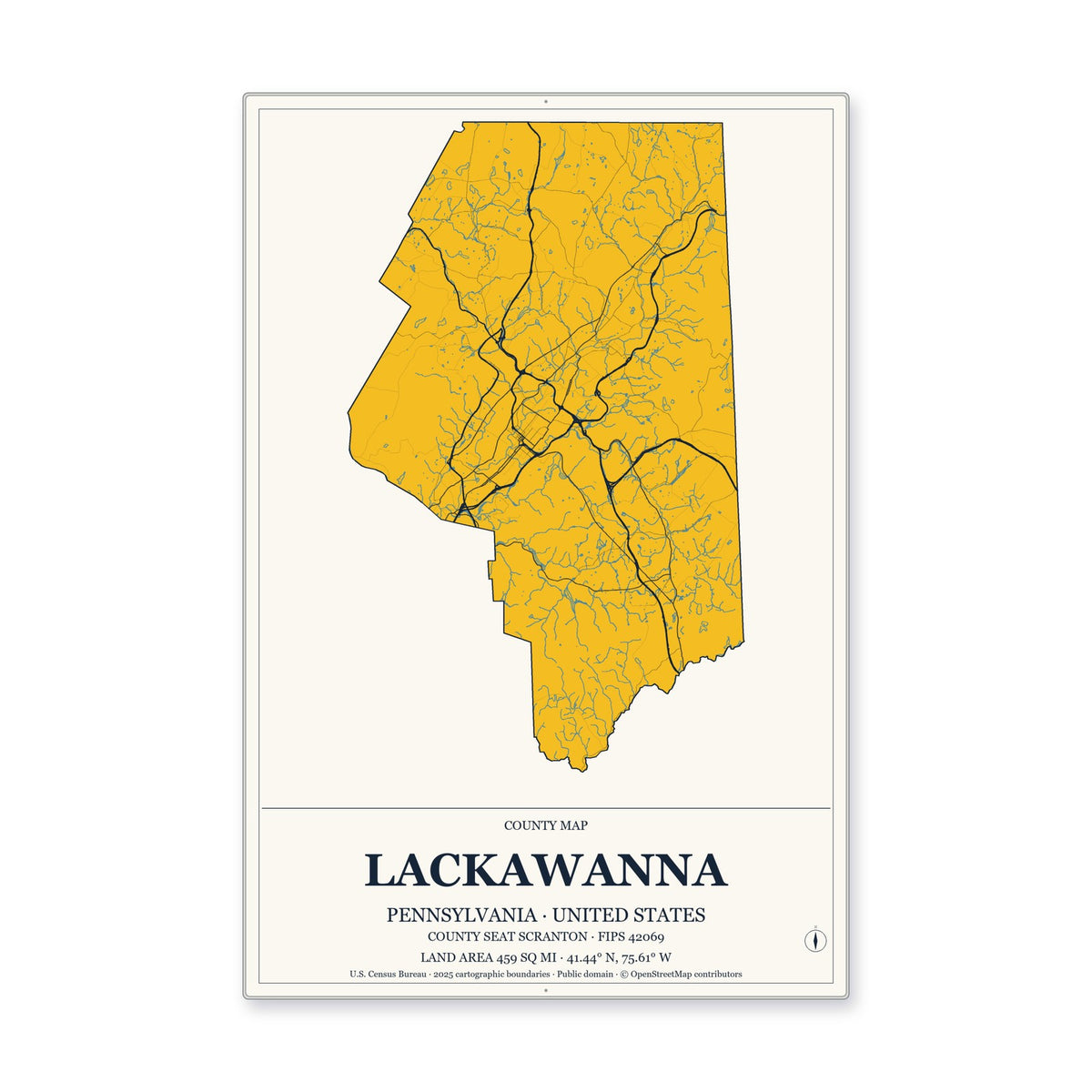 Lackawanna County, Pennsylvania Map Aluminum Sign in Citrine Modern style