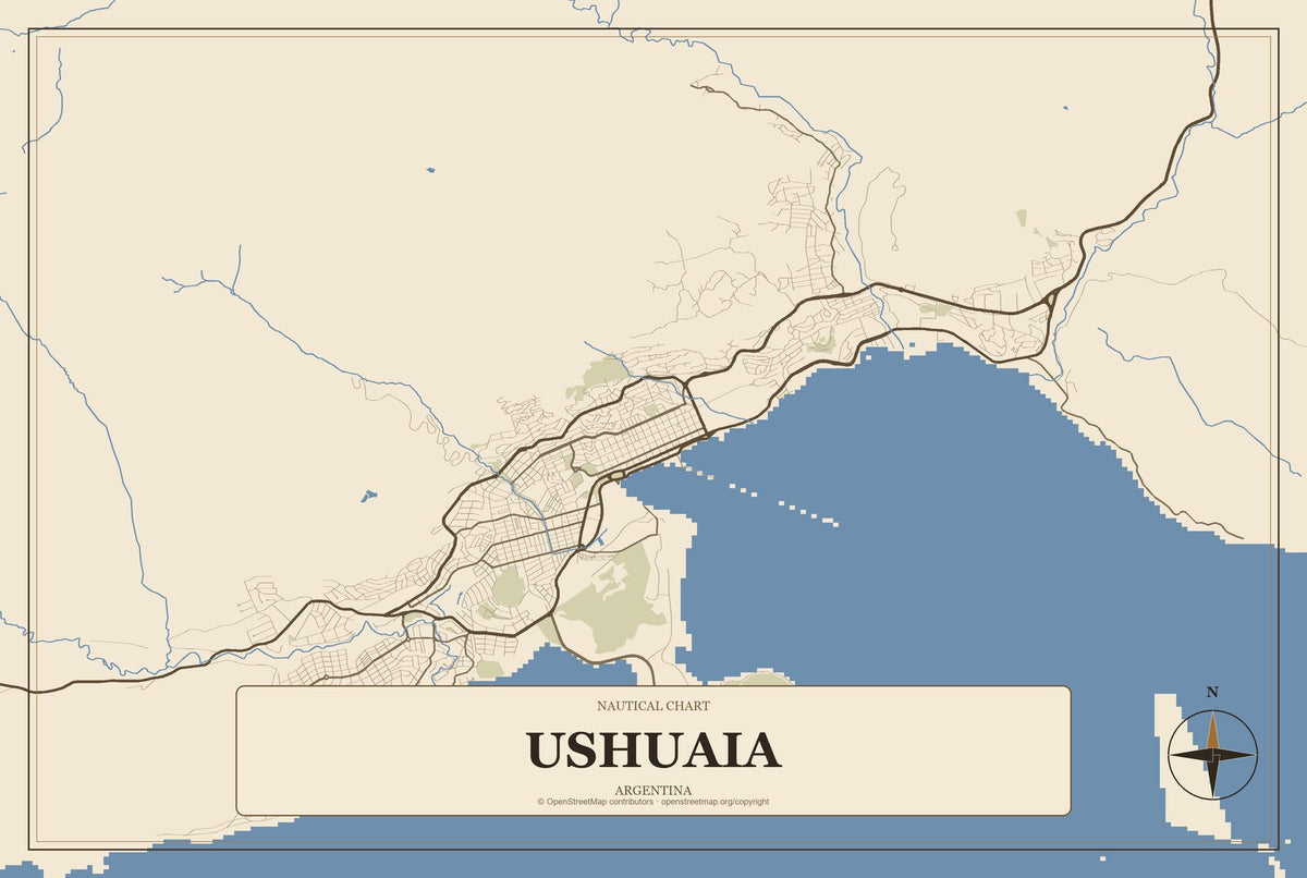 Ushuaia, Argentina City Map Aluminum Sign in Heritage Nautical style
