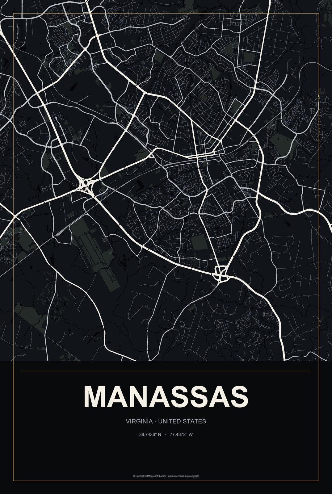 Manassas, Virginia City Map Aluminum Sign in Metropolitan Noir style
