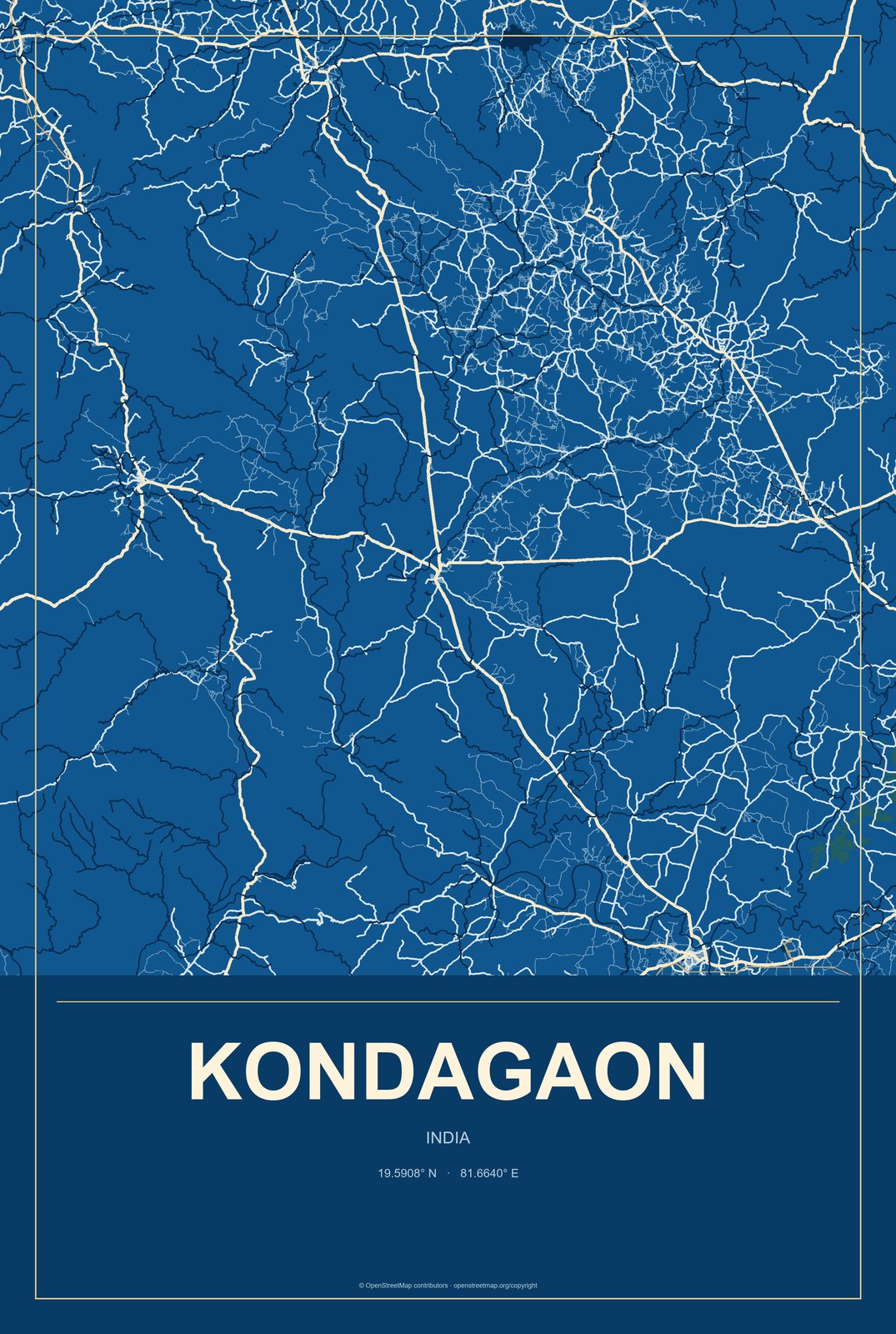 Kondagaon, India City Map Aluminum Sign in Harbor Cobalt style