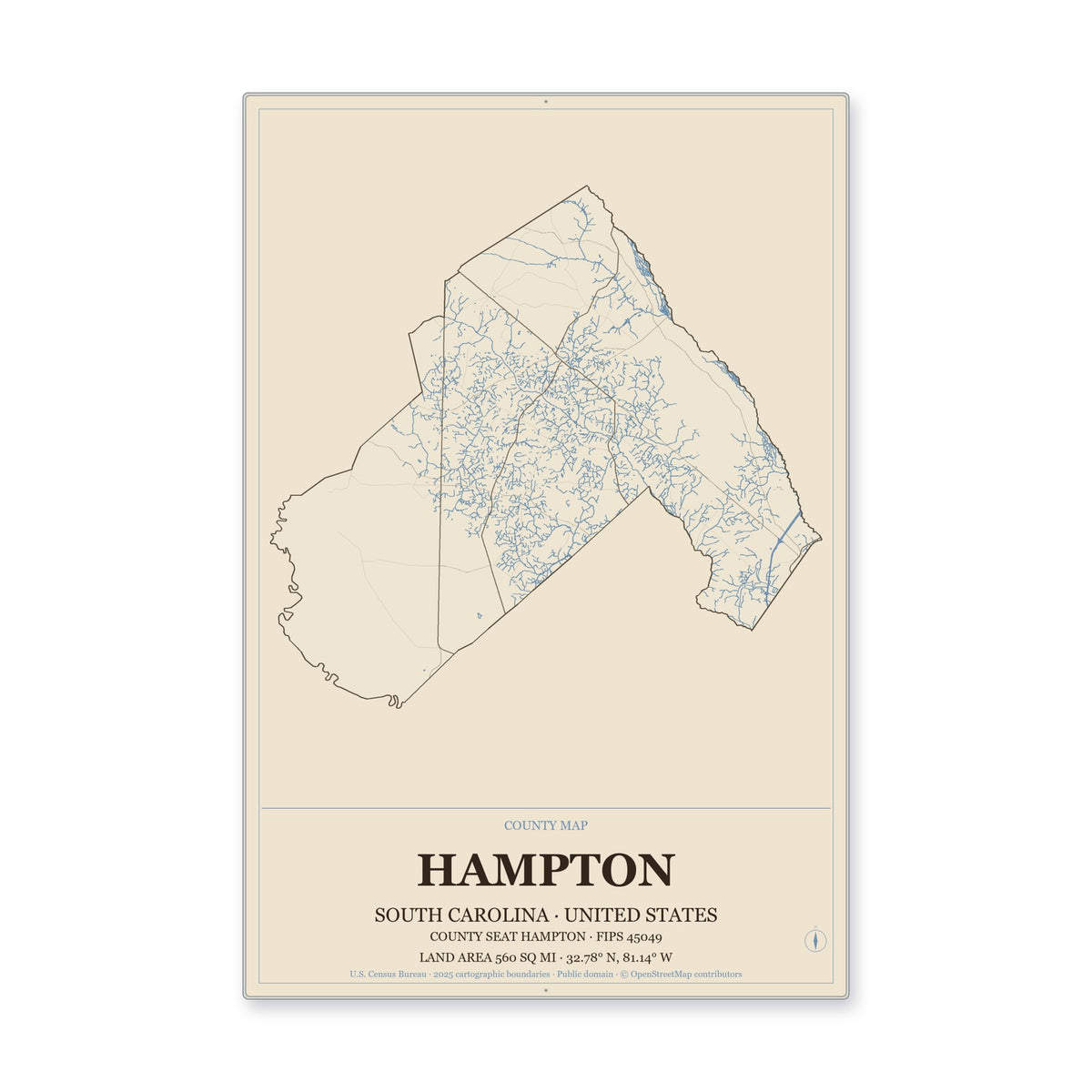 Hampton County, South Carolina Map Aluminum Sign in Heritage Nautical style