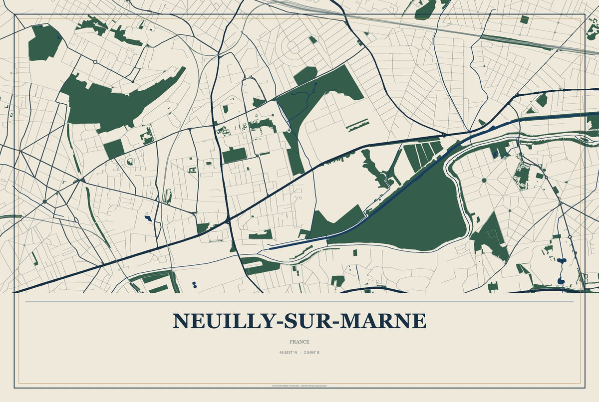 Neuilly-sur-Marne, France City Map Aluminum Sign in Coastal Cutout style