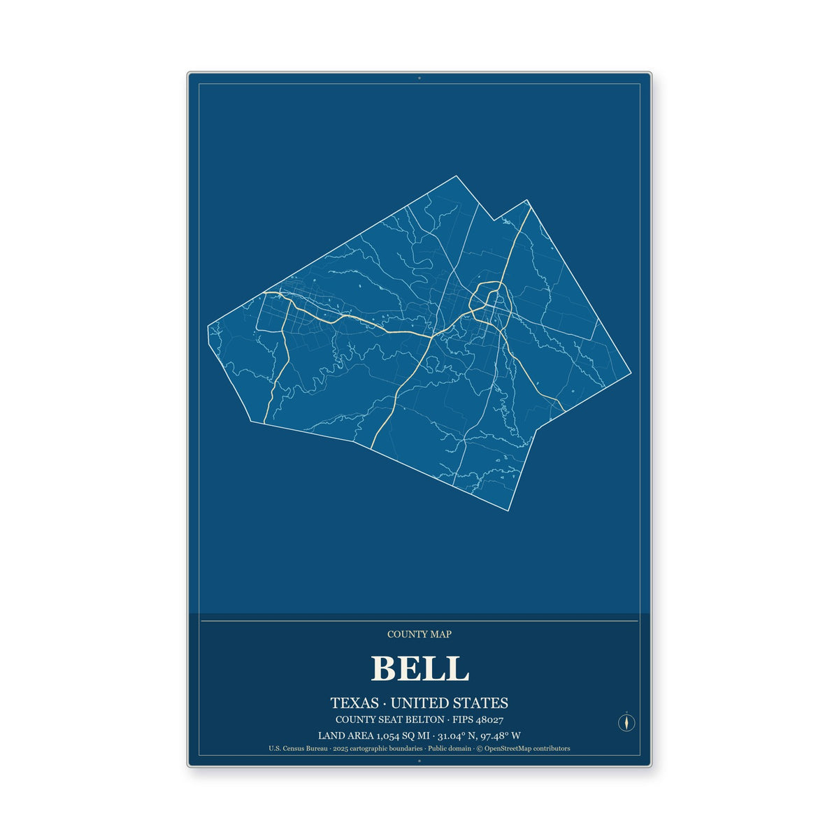 Bell County, Texas Map Aluminum Sign in Harbor Cobalt style