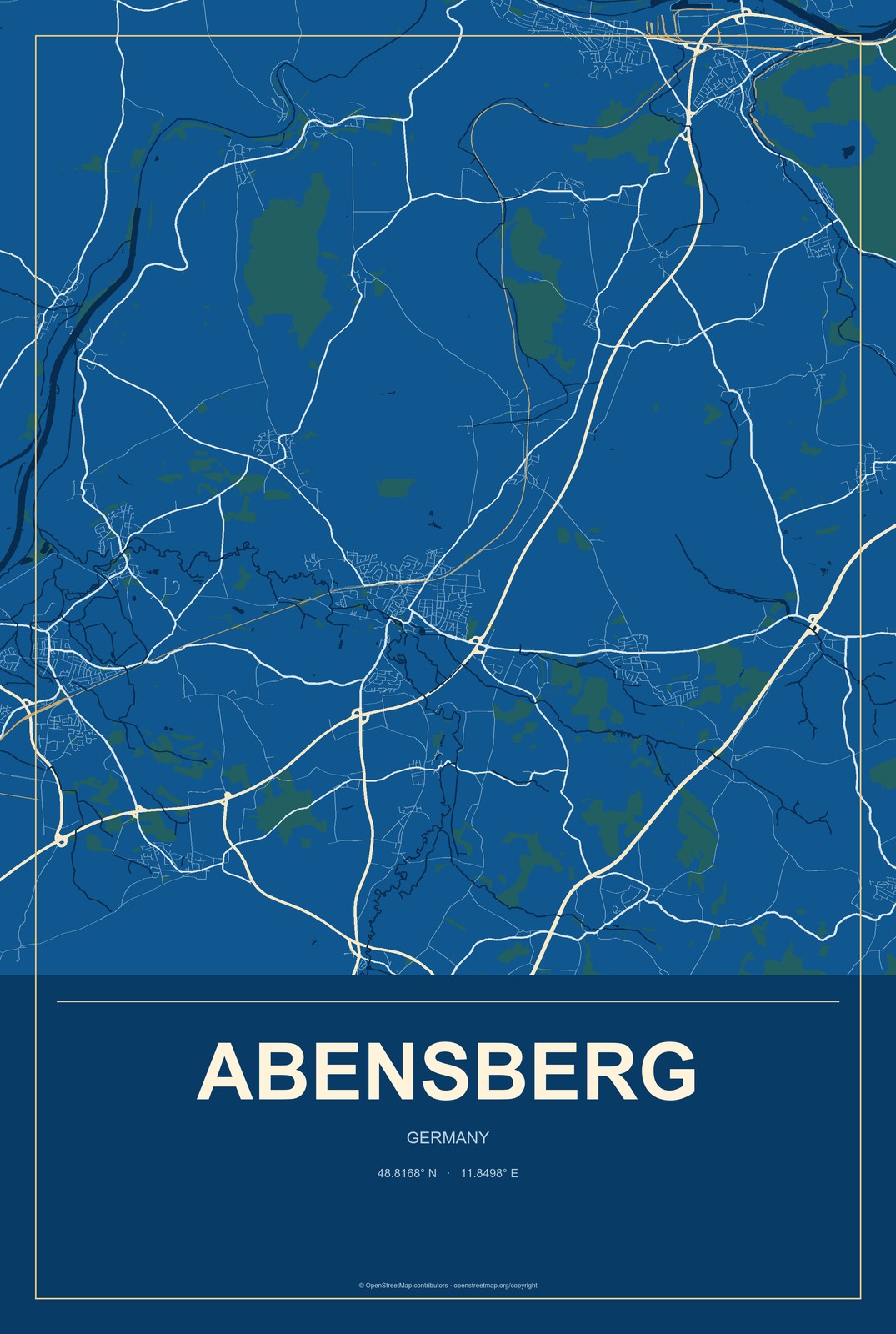 Abensberg, Germany City Map Aluminum Sign in Harbor Cobalt style
