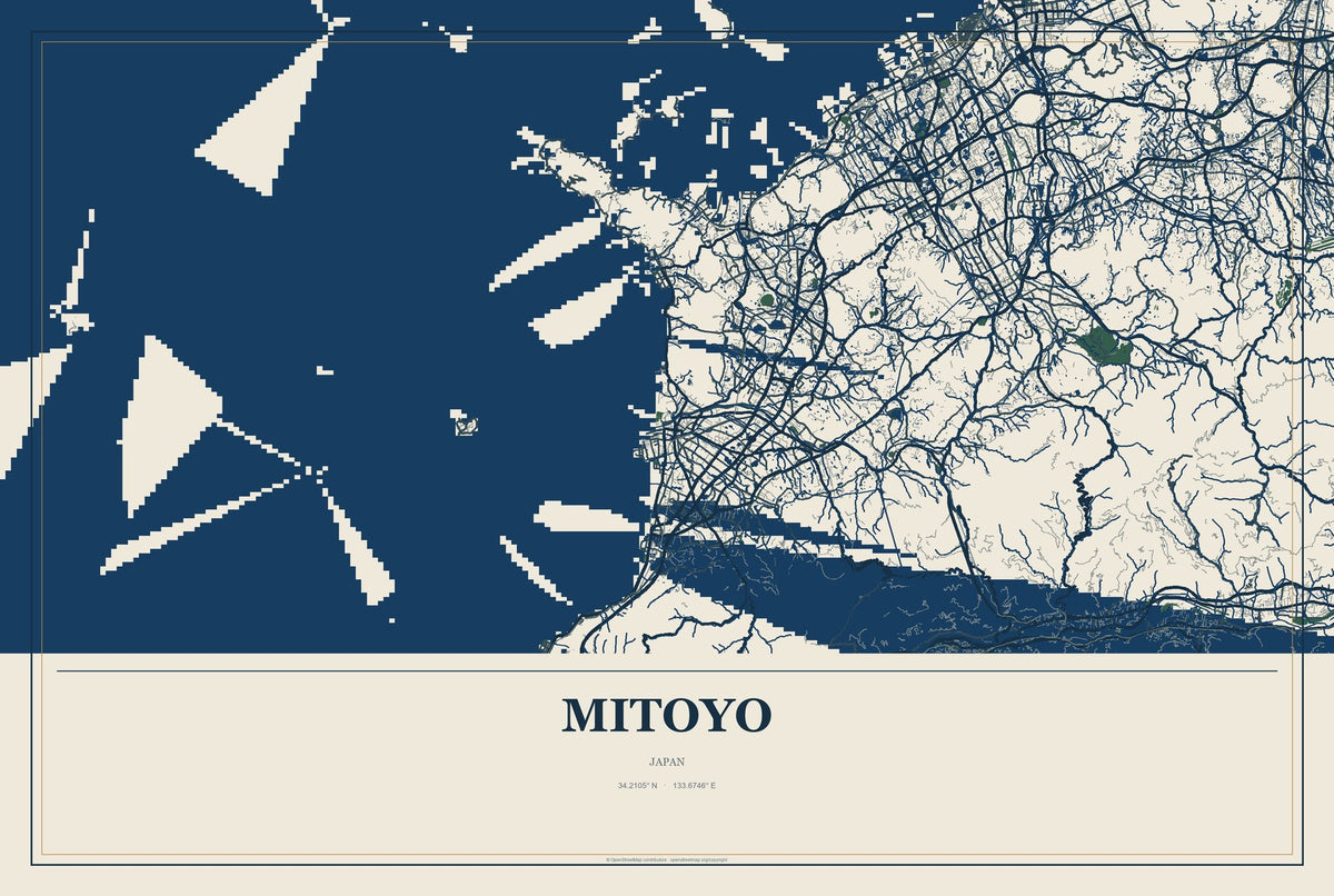 Mitoyo, Japan City Map Aluminum Sign in Coastal Cutout style