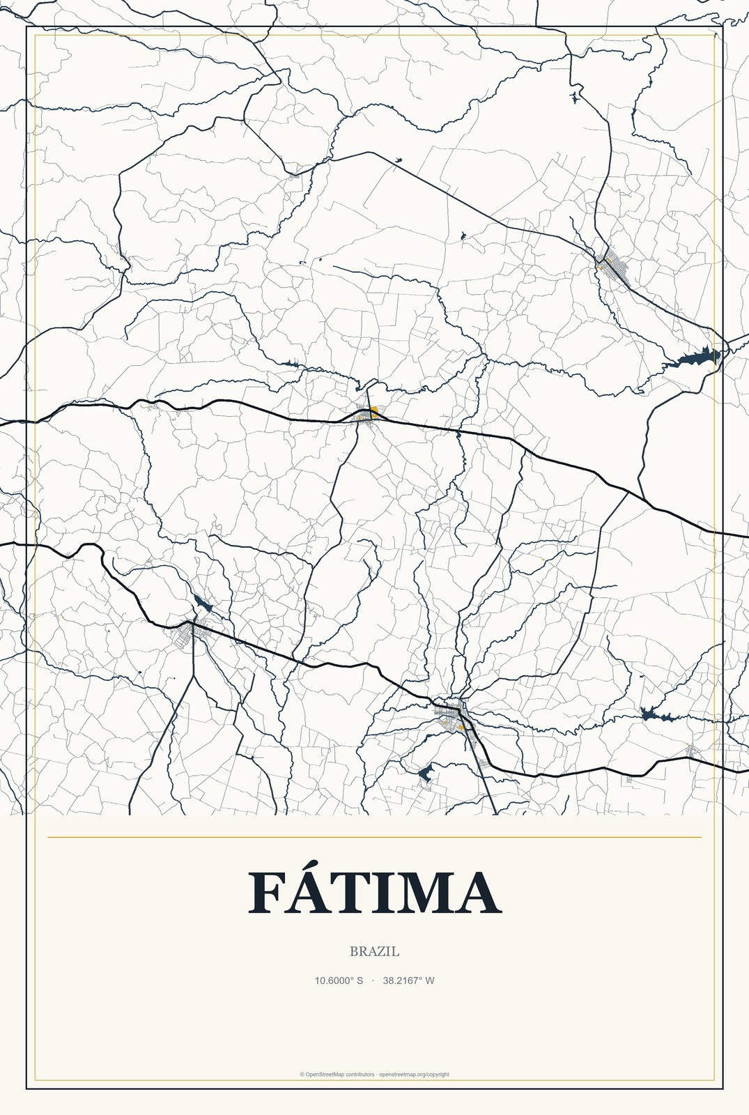 Fátima, Brazil City Map Aluminum Sign in Citrine Modern style