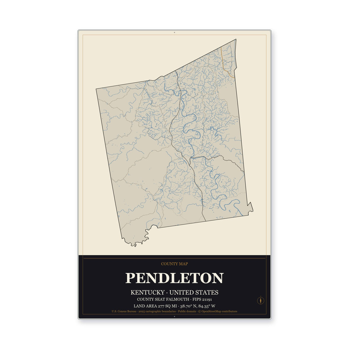 Pendleton County, Kentucky Map Aluminum Sign in Museum Plaque style