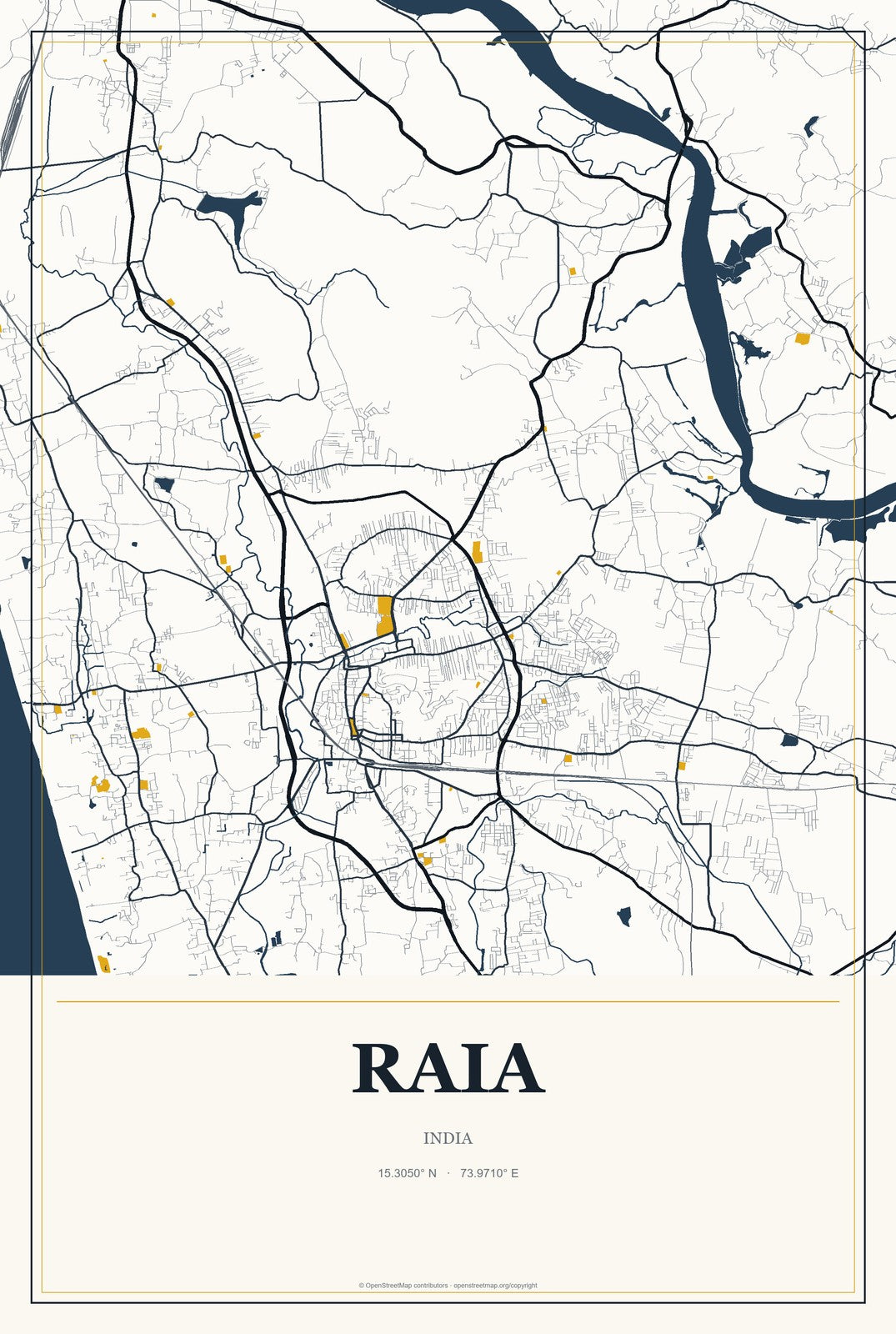 Raia, India City Map Aluminum Sign in Citrine Modern style