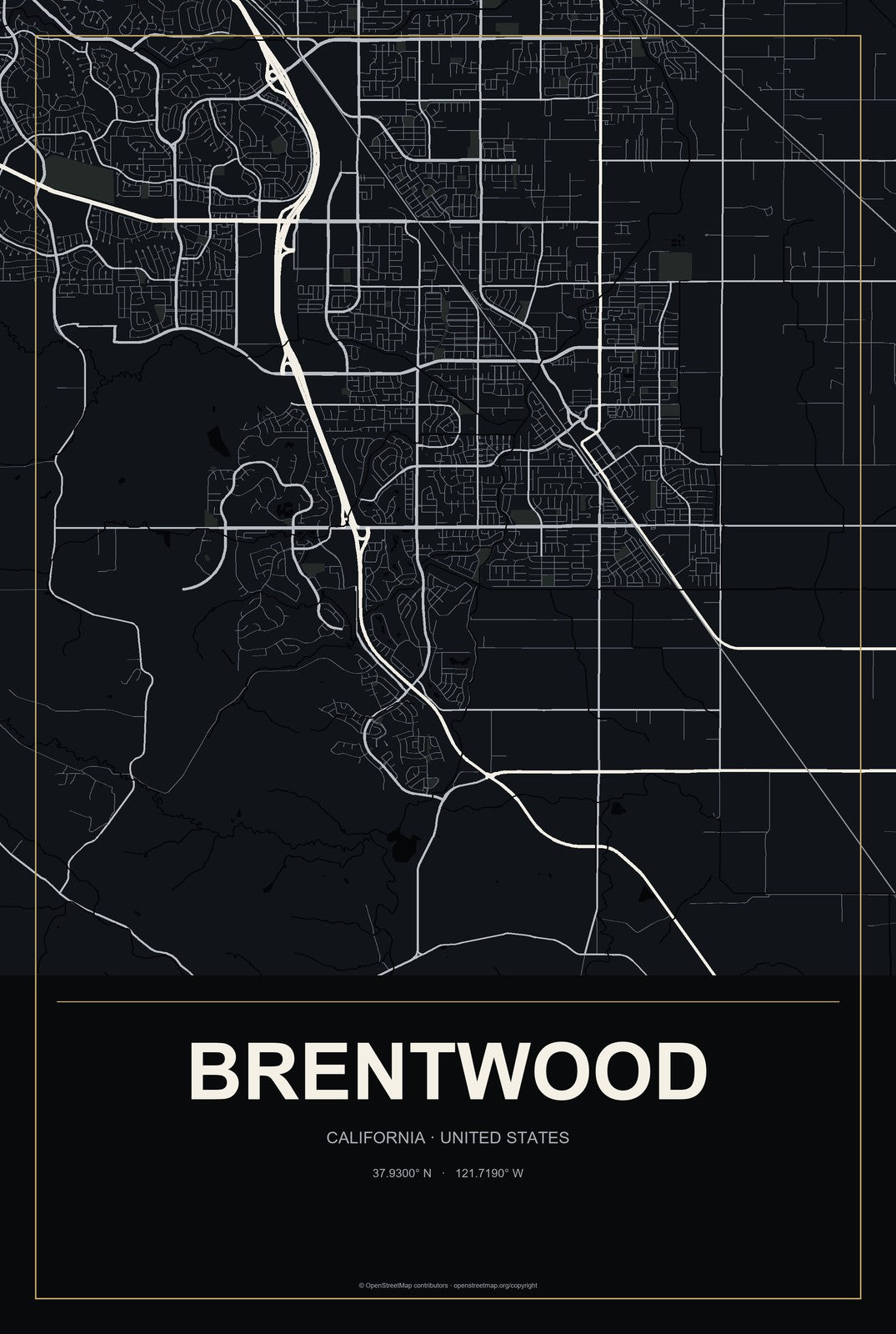 Brentwood, California City Map Aluminum Sign in Metropolitan Noir style
