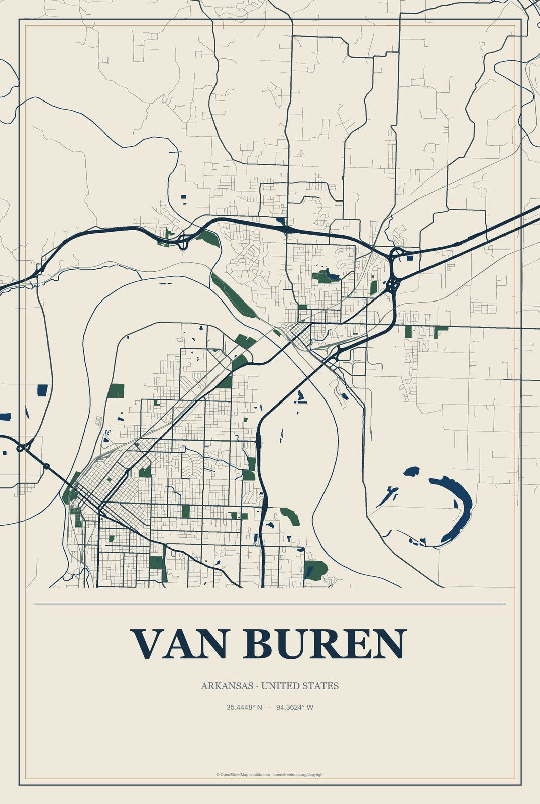 Van Buren, Arkansas City Map Aluminum Sign in Coastal Cutout style