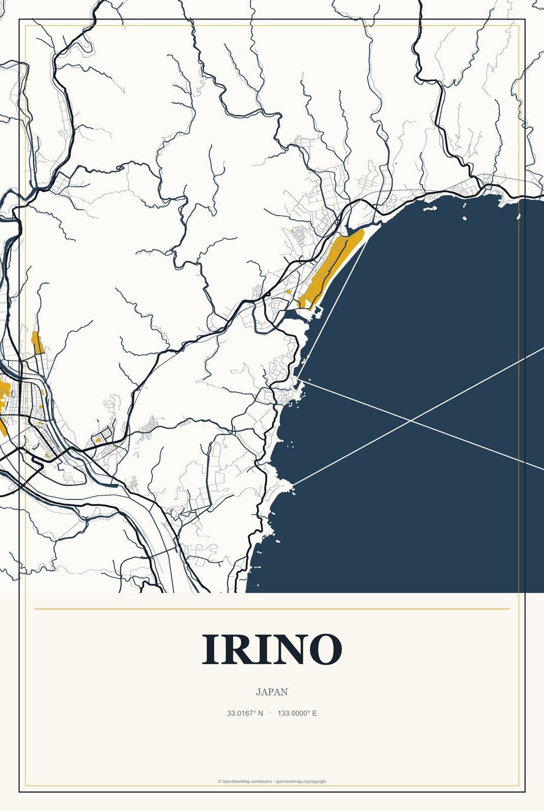 Irino, Japan City Map Aluminum Sign in Citrine Modern style
