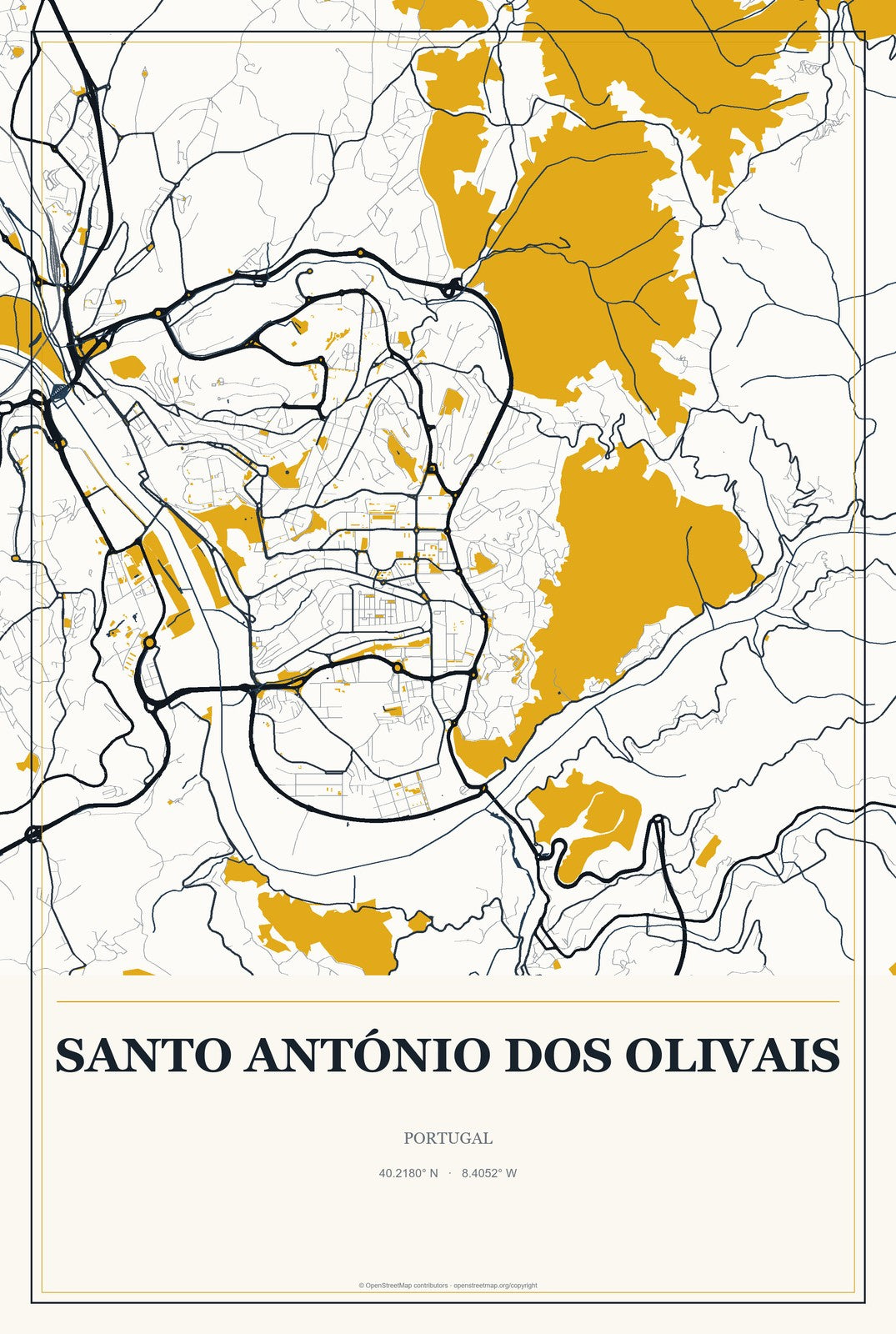 Santo António dos Olivais, Portugal City Map Aluminum Sign in Citrine Modern style