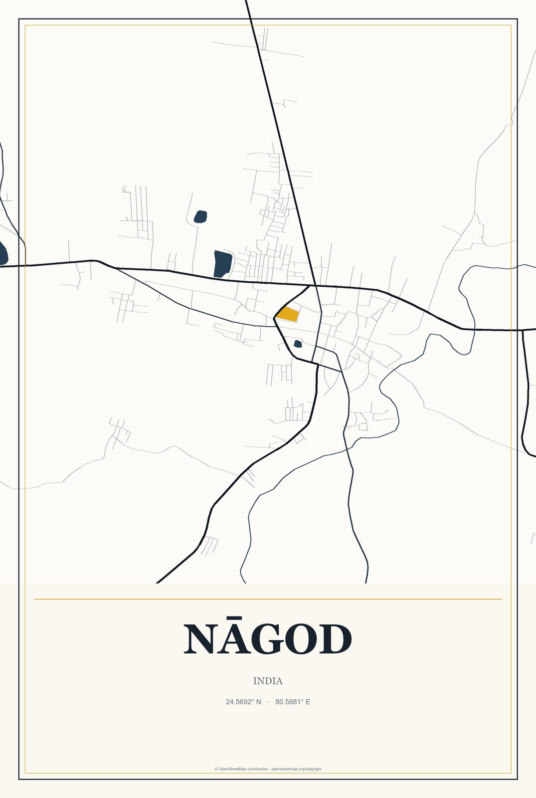 Nāgod, India City Map Aluminum Sign in Citrine Modern style