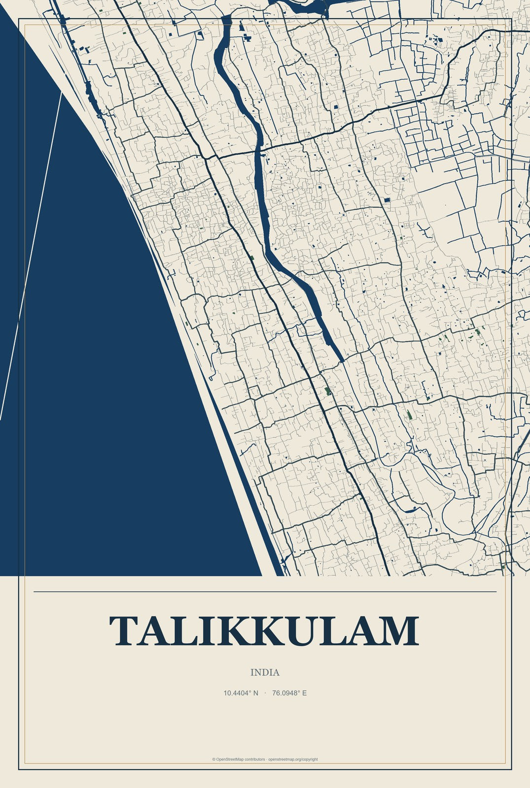 Talikkulam, India City Map Aluminum Sign in Coastal Cutout style