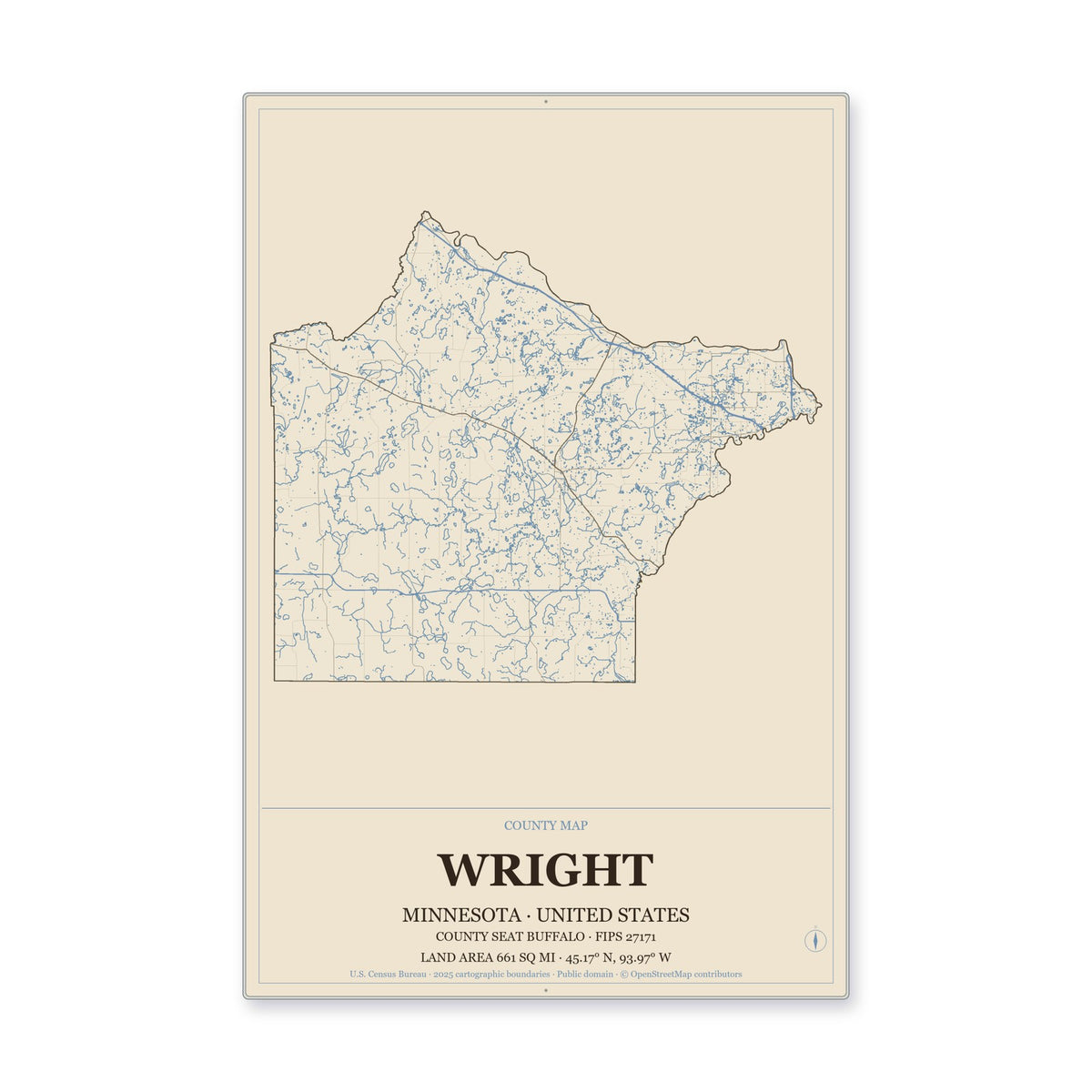 Wright County, Minnesota Map Aluminum Sign in Heritage Nautical style