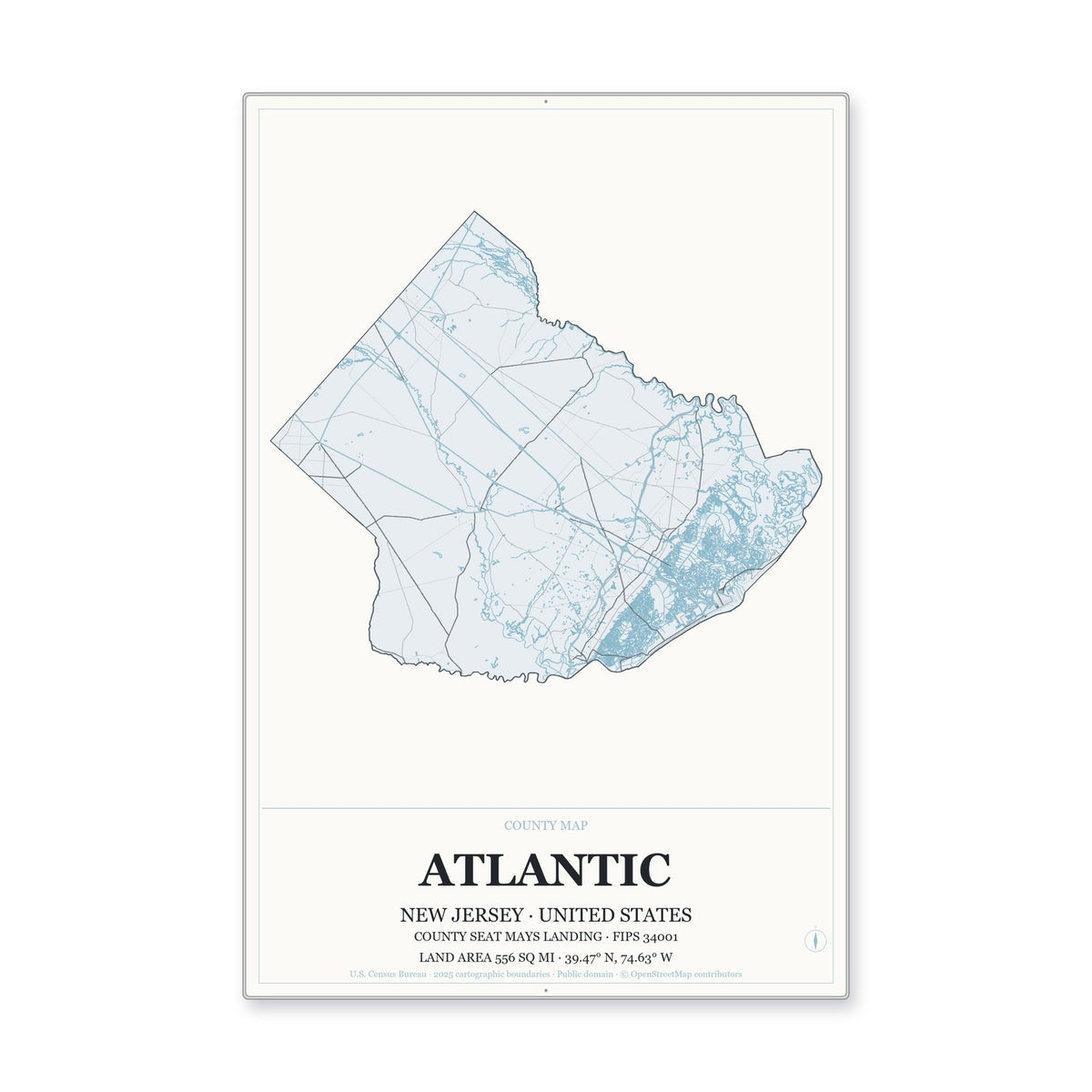 Atlantic County, New Jersey Map Aluminum Sign in Gallery Air style