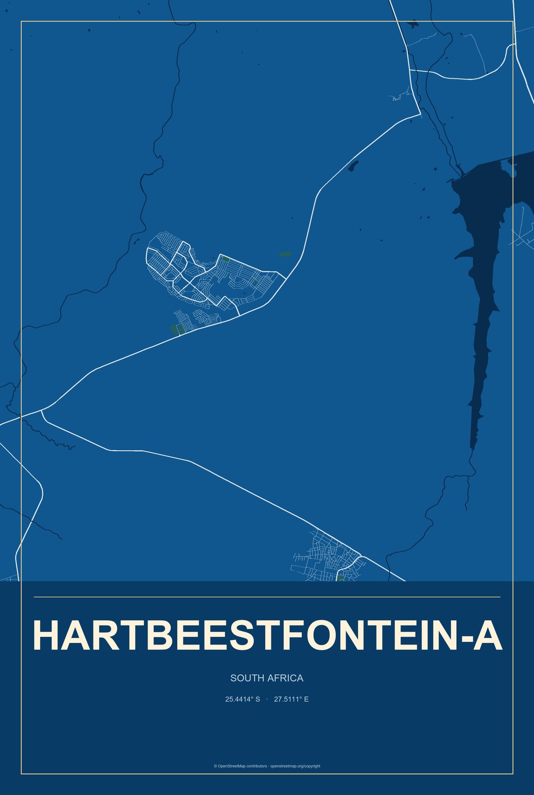 Hartbeestfontein-A, South Africa City Map Aluminum Sign in Harbor Cobalt style
