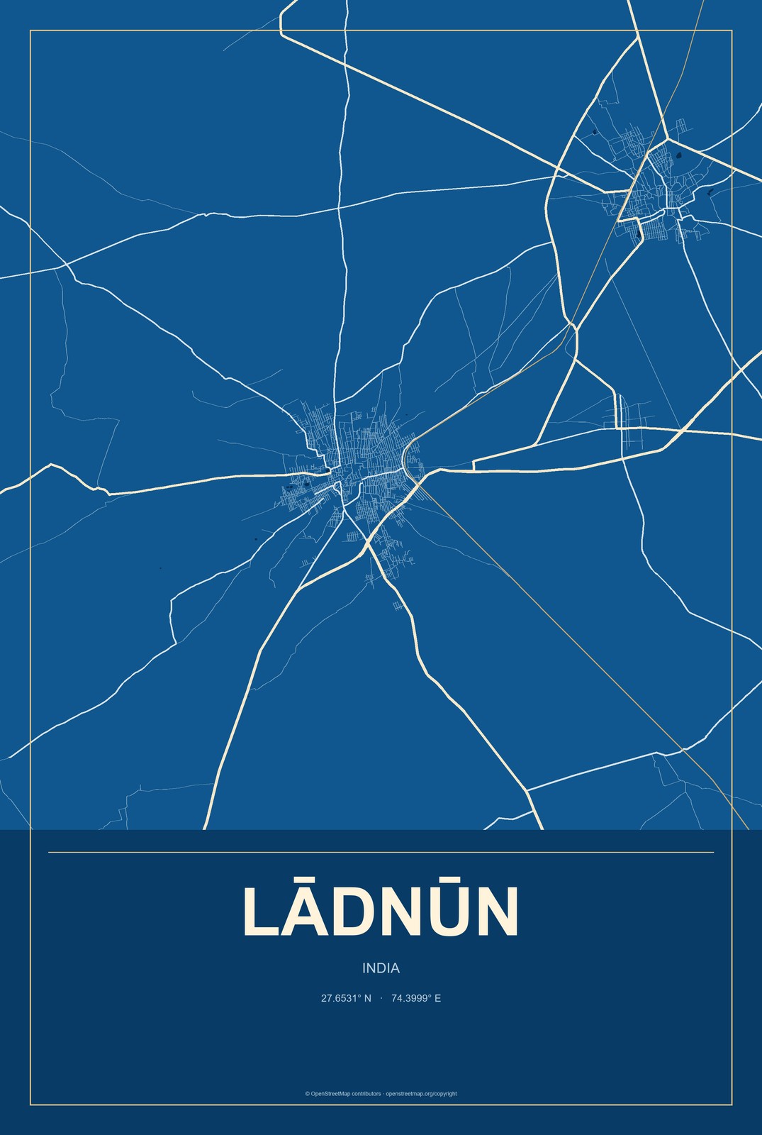 Lādnūn, India City Map Aluminum Sign in Harbor Cobalt style