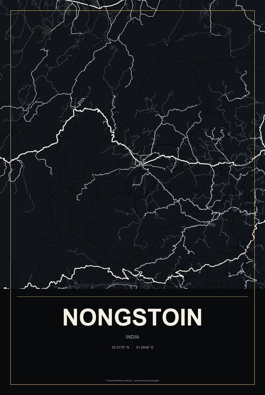 Nongstoin, India City Map Aluminum Sign in Metropolitan Noir style