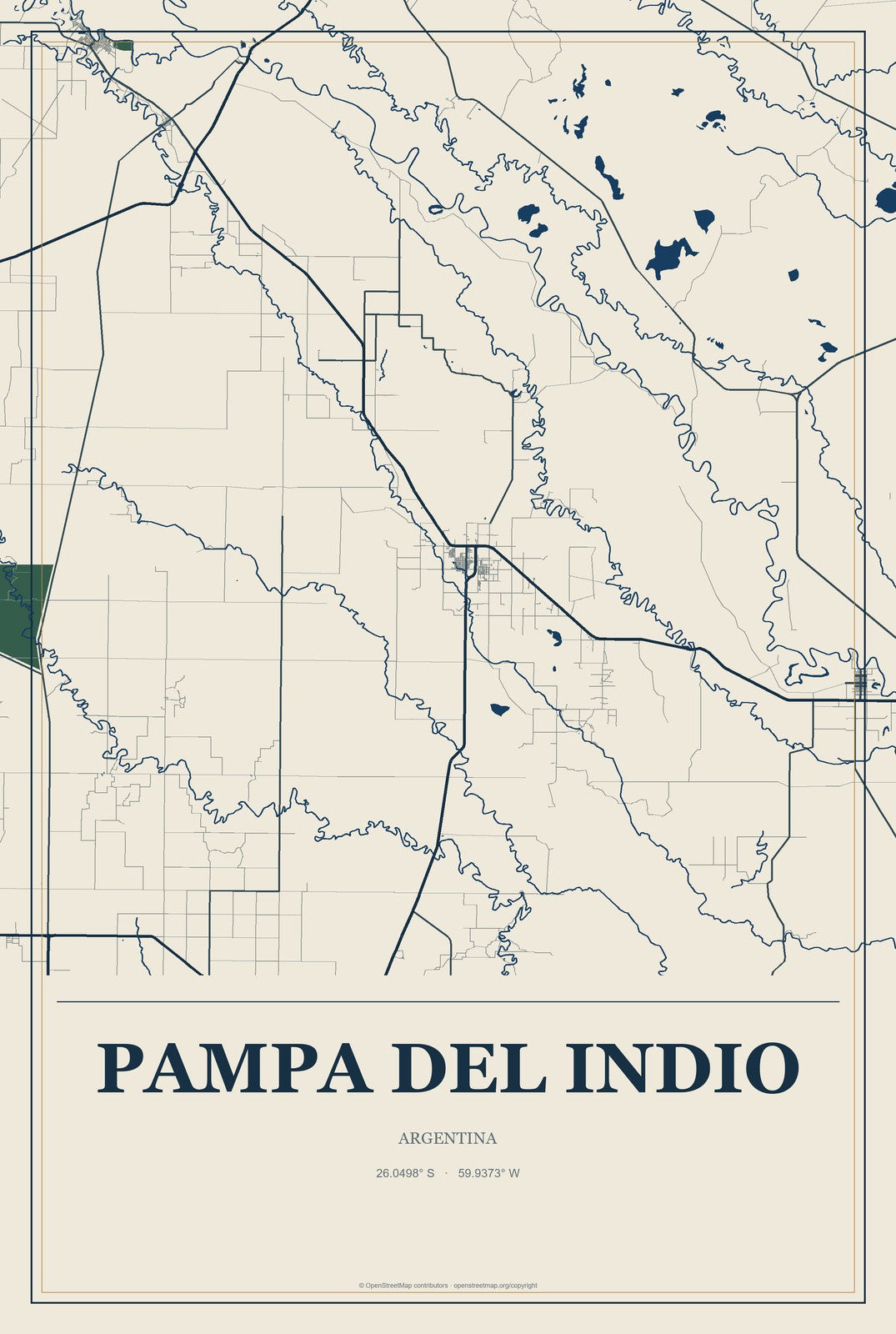 Pampa del Indio, Argentina City Map Aluminum Sign in Coastal Cutout style