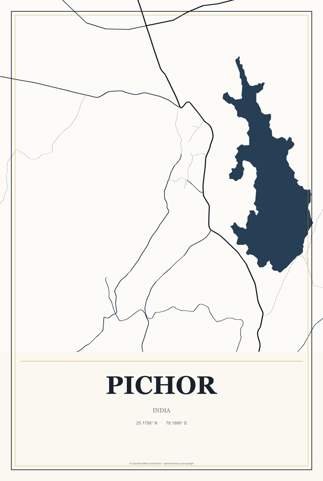 Pichor, India City Map Aluminum Sign in Citrine Modern style