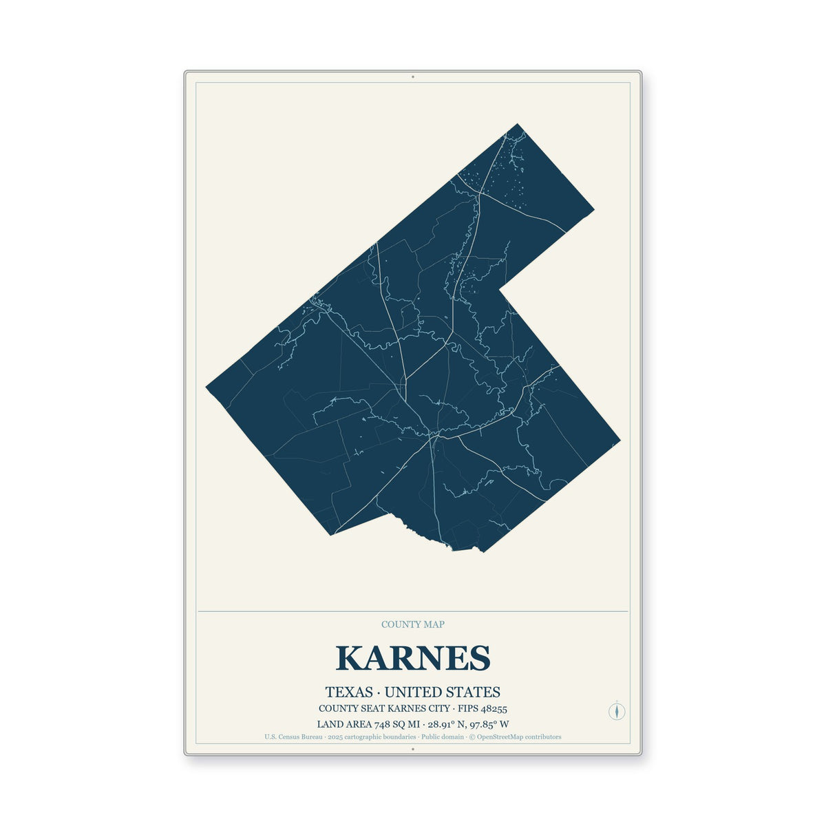 Karnes County, Texas Map Aluminum Sign in Coastal Cutout style