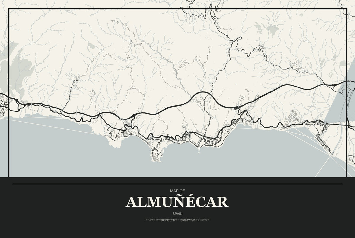 Almuñécar, Spain City Map Aluminum Sign in Museum Plaque style
