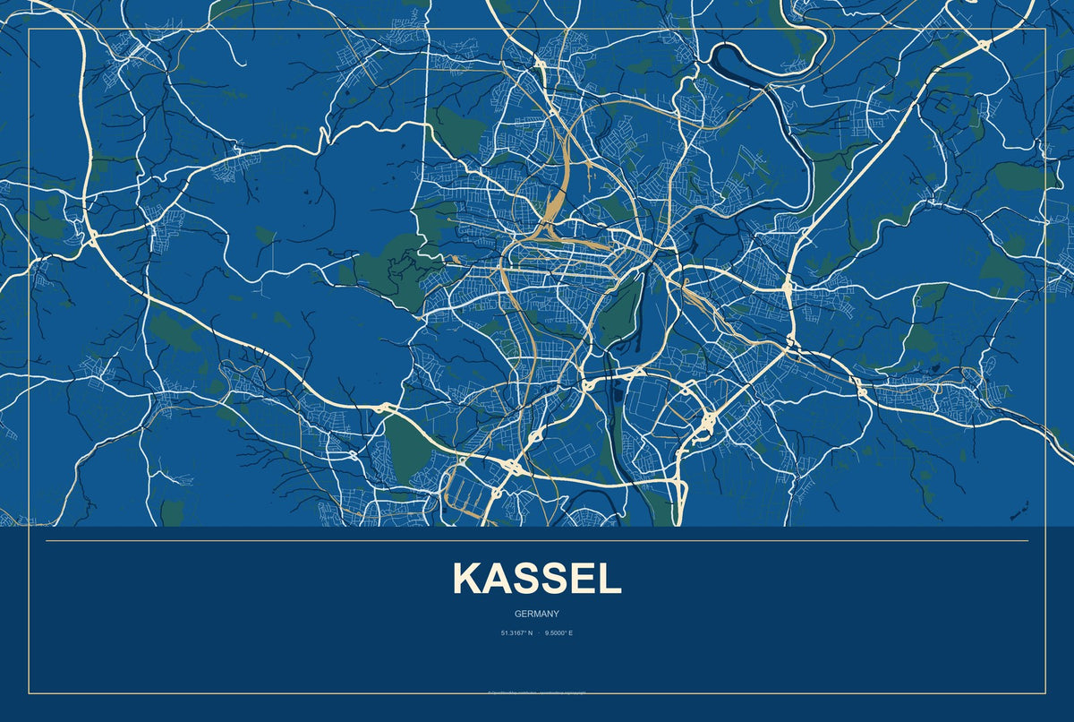 Kassel, Germany City Map Aluminum Sign in Harbor Cobalt style