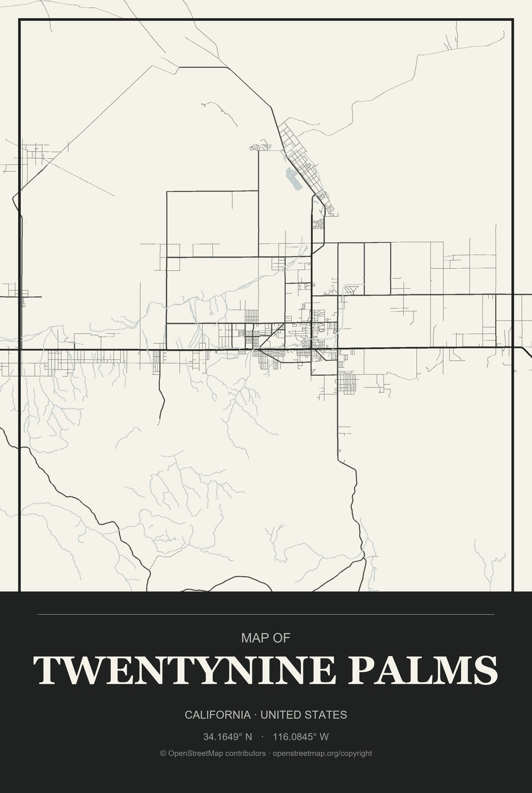 Twentynine Palms, California City Map Aluminum Sign in Museum Plaque style