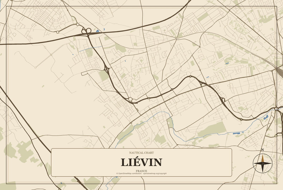 Liévin, France City Map Aluminum Sign in Heritage Nautical style