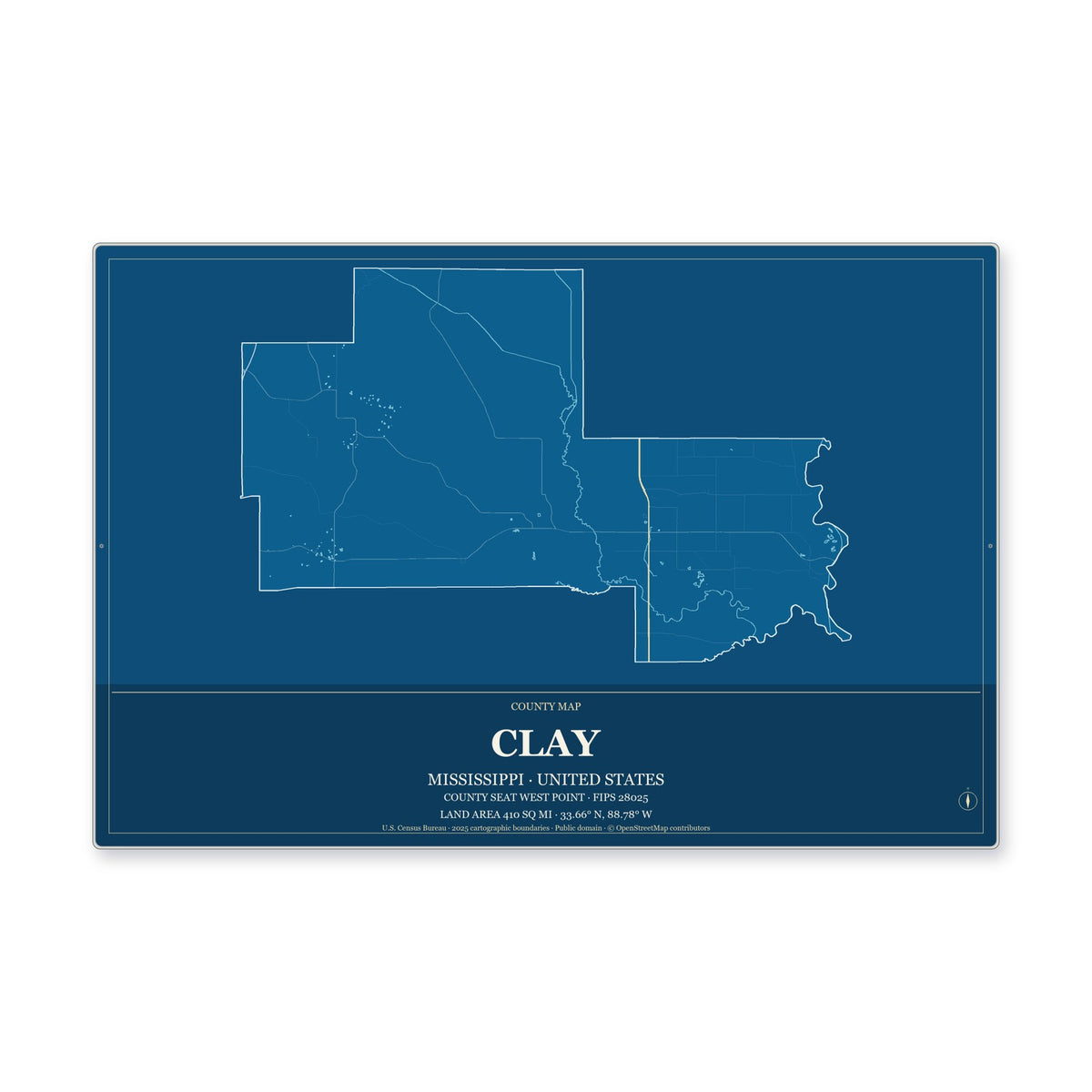 Clay County, Mississippi Map Aluminum Sign in Harbor Cobalt style