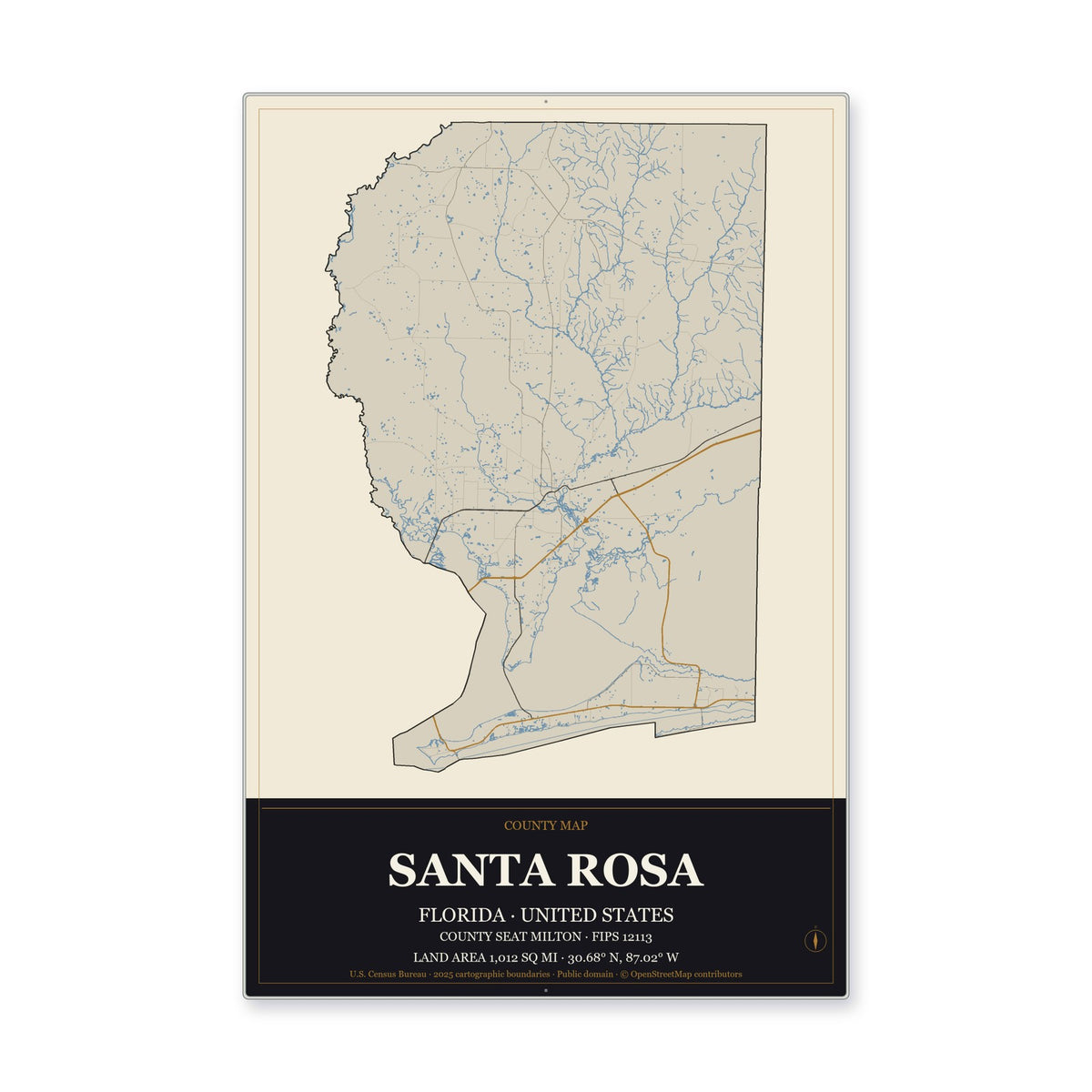 Santa Rosa County, Florida Map Aluminum Sign in Museum Plaque style