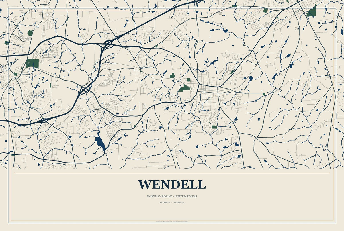 Wendell, North Carolina City Map Aluminum Sign in Coastal Cutout style