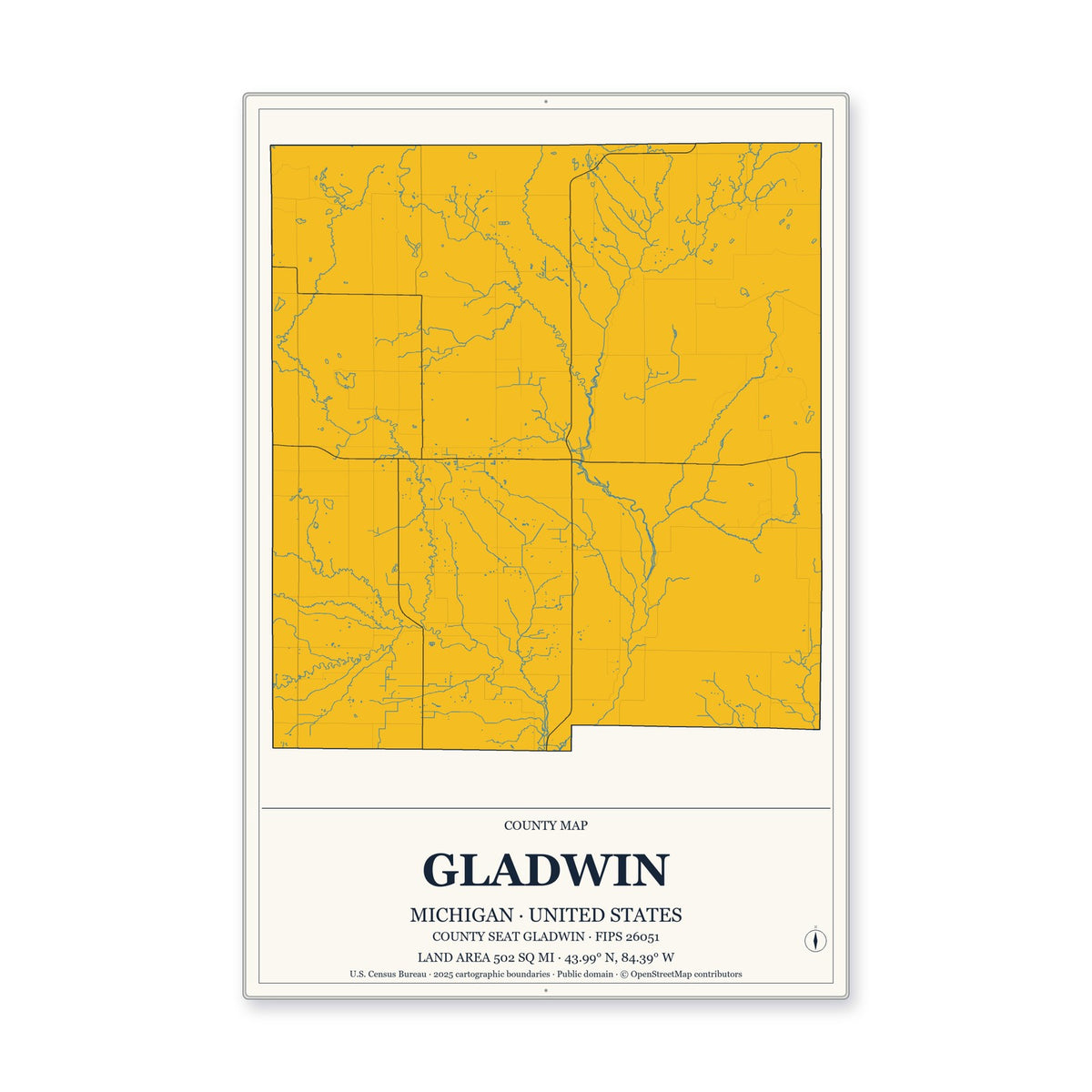Gladwin County, Michigan Map Aluminum Sign in Citrine Modern style